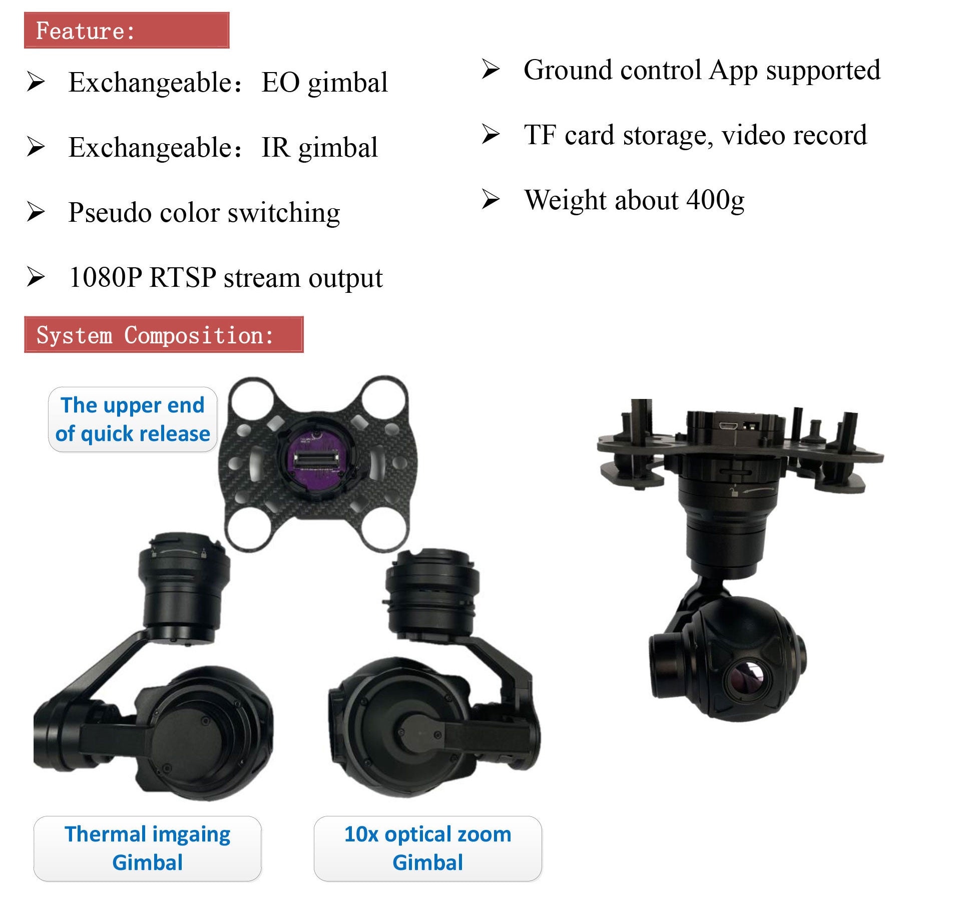 TOPOTEK KIP10-G6 Drone Camera Gimbal - 10x Optical Zoom Visible light 3-axis Gimbal camera+ 640x512 thermal imaging 3-axis Gimbal camera, interchangeable, IP output 6 TOPOTEK KIP10-G6 Drone Camera Gimbal, Thermal camera features interchangeable gimbals, video recording, and RTSP streaming, weighing around 400g.