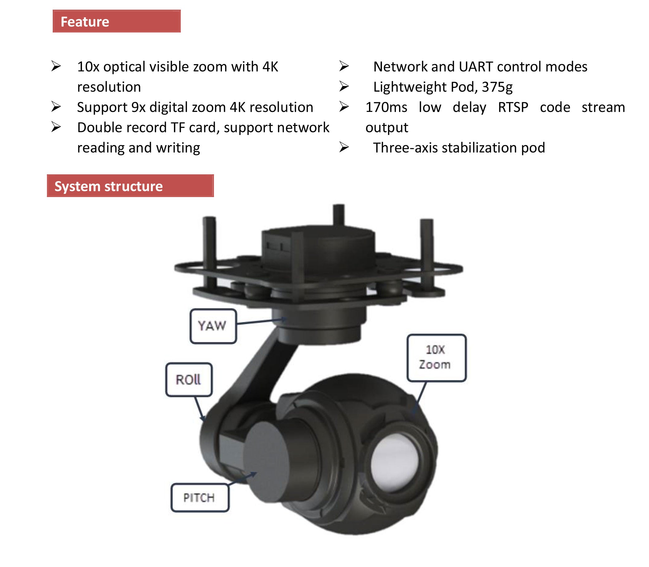 TOPOTEK KIP10S4K Drone Camera Gimbal - 4K 10X Optical zoom 3-Axis Gimbal, IP output 5 TOPOTEK KIP10S4K Drone Camera Gimbal, High-end drone camera gimbal with 4K resolution, 10x optical zoom, and 3-axis stabilization for smooth video capture.