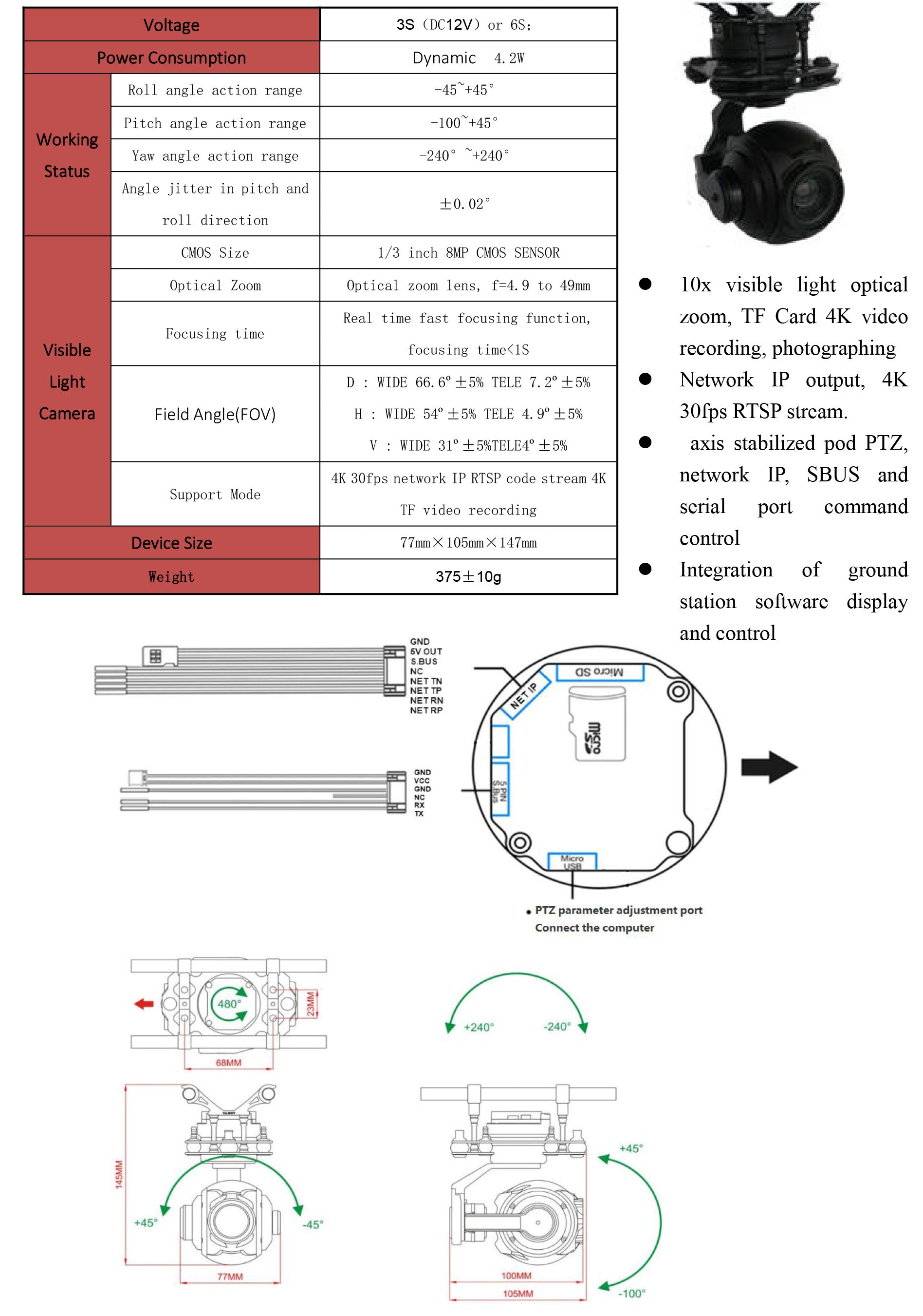 TOPOTEK RIP10S4K Drone Camera Gimbal - 10X Optical Zoom 4K Camera + 3-Axis Stabilized PTZ Gimbal With IP output 2 TOPOTEK RIP10S4K Drone Camera Gimbal, Advanced drone camera with 10x optical zoom, 4K resolution and stabilized gimbal for smooth video capture.