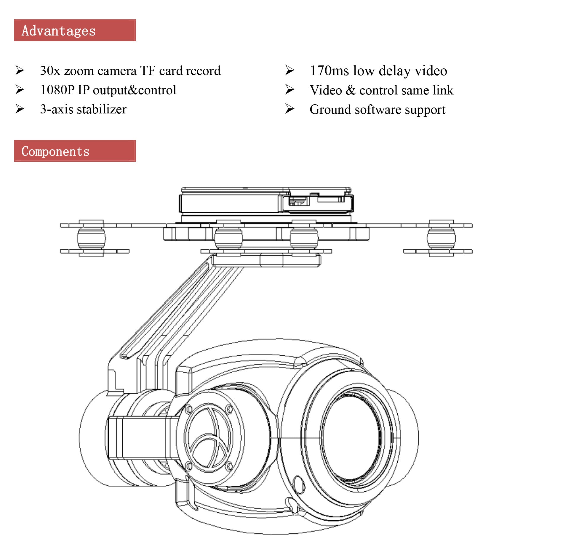 TOPOTEK SIP30S90 Drone Camera Gimbal - 30X Optical Zoom 1080P Camera + 3-Axis IP Gimbal 4 TOPOTEK SIP30S90 Drone Camera Gimbal, Camera features: 30x zoom, video recording, 1080p output, and stabilization via 3-axis stabilizer or ground software.