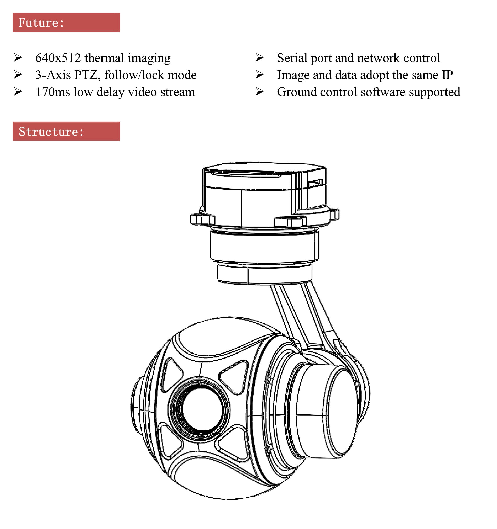 TOPOTEK SIP640G13 Thermal Camera Gimbal, Thermal imaging gimbal with 3-axis PTZ and serial/network controls for real-time video streaming.