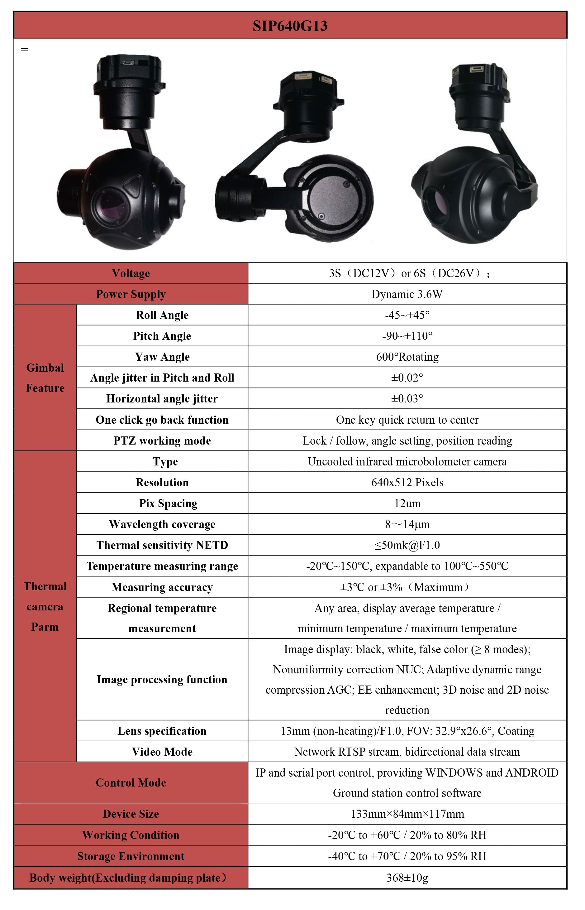 TOPOTEK SIP640G13 Thermal Camera Gimbal, Thermal camera gimbal with 13mm lens, 640x512 resolution and 3-axis PTZ for UAV drone use.