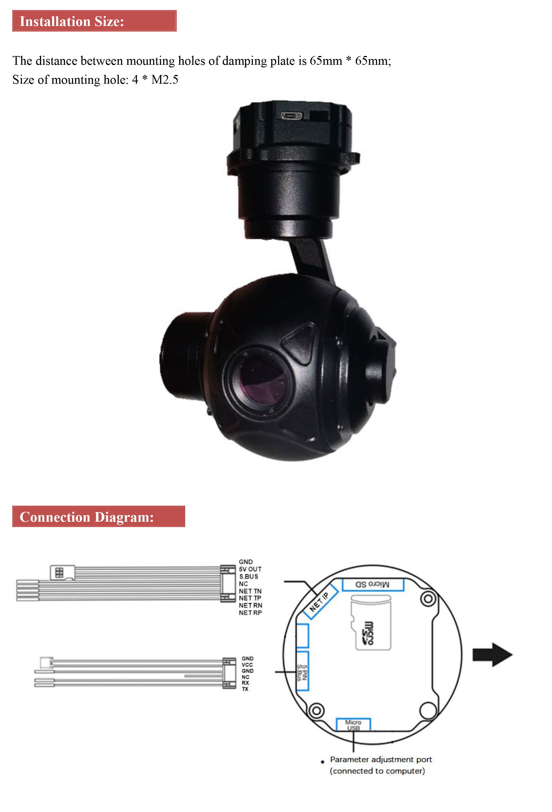 TOPOTEK SIP640G13 Thermal Camera Gimbal, Mounting plate: 6mm x 6mm with 4mm diameter holes; connection diagram not provided.