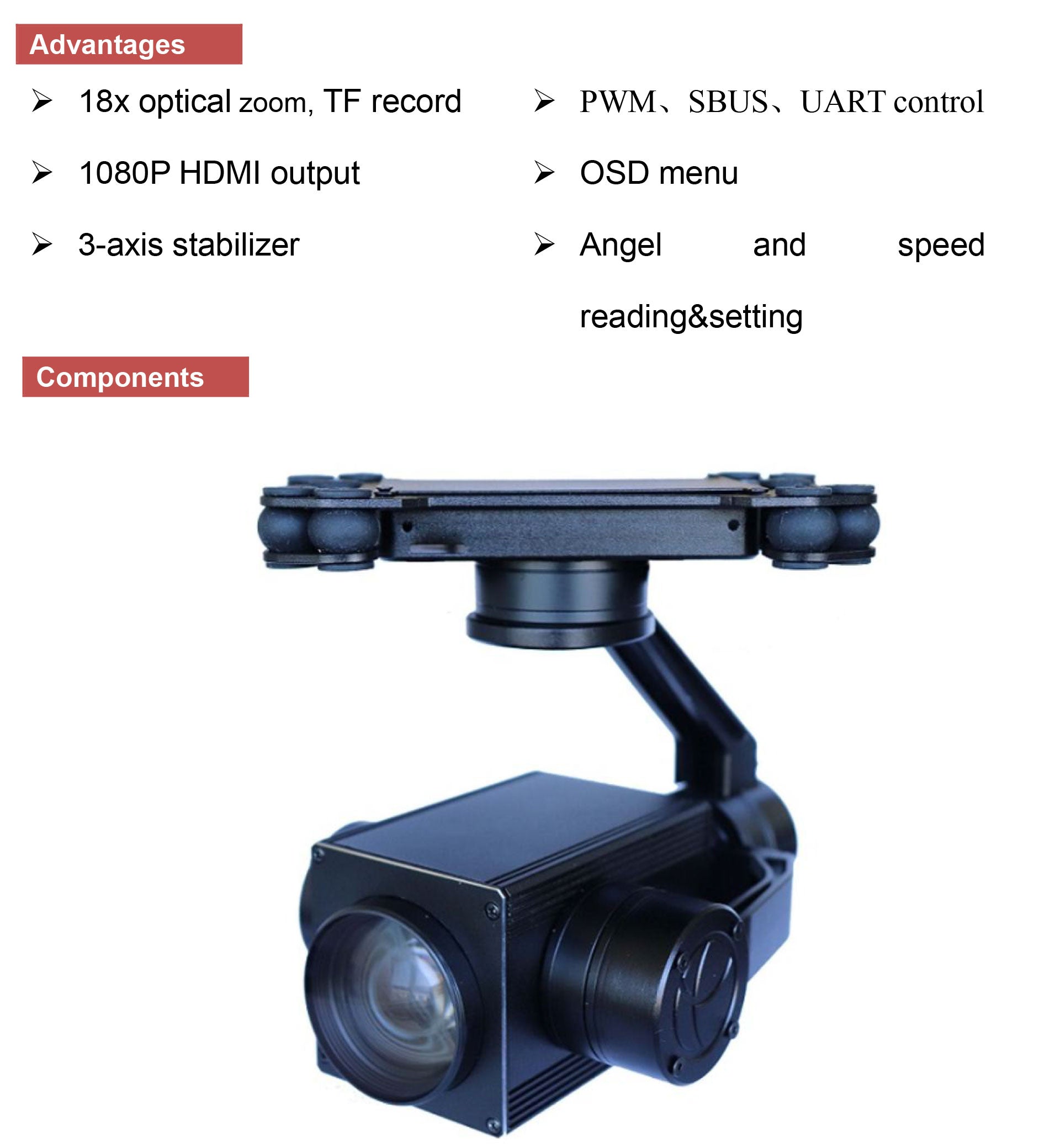 TOPOTEK TP18 Drone Camer Gimbal, Advanced drone camera features: 18x optical zoom, recording, controls, and stabilization.
