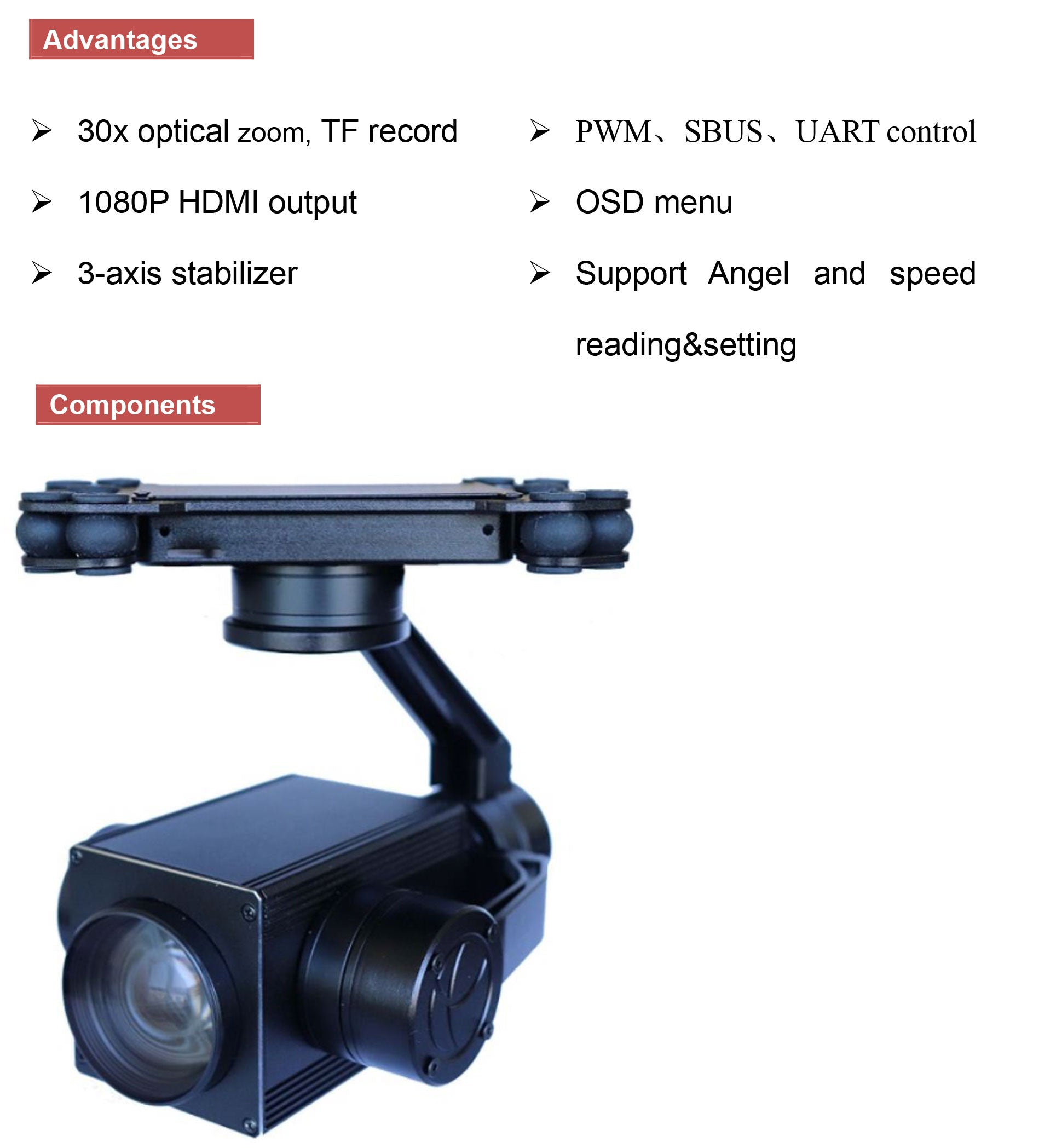 TOPOTEK TP30 Drone Camera Gimbal, Camera features: 30x optical zoom, recording modes, stabilization, HDMI output, and customizable settings.