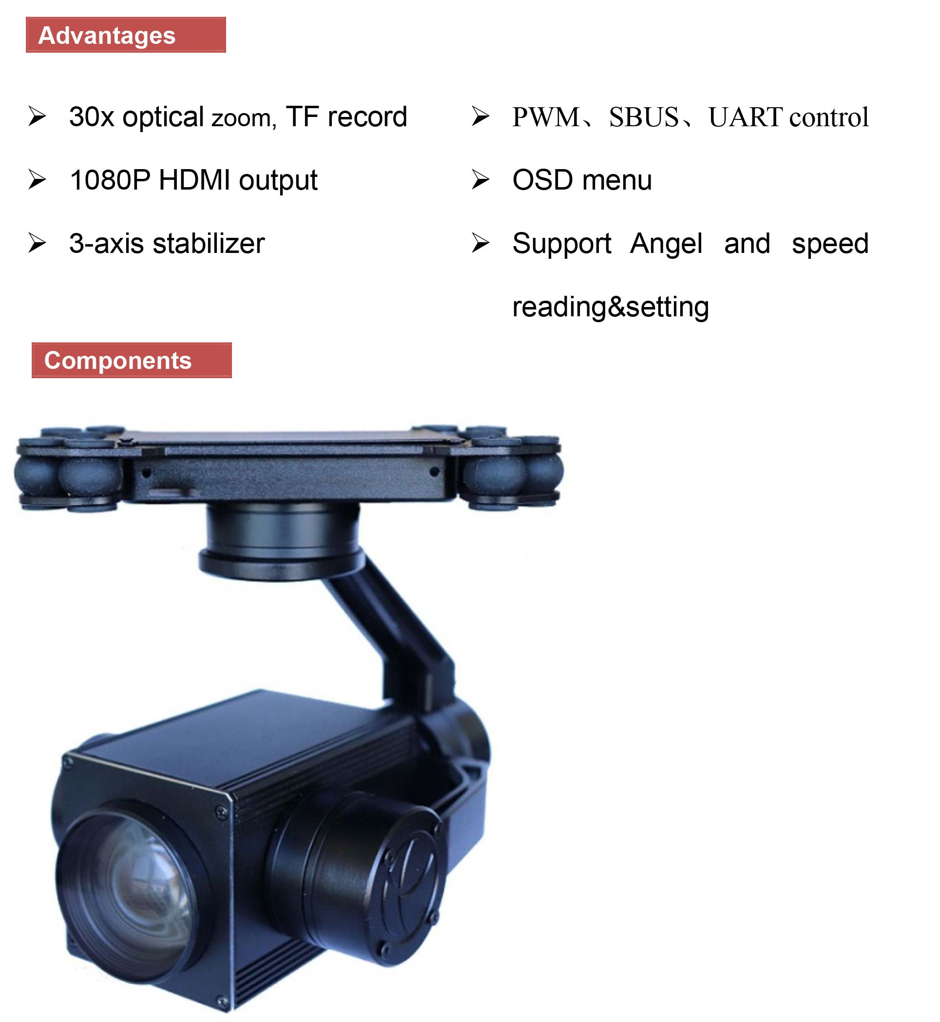 TOPOTEK TP30 Drone Camera Gimbal - 1080P 60FPS 30x Optical Zoom Gimbal 3-Axis Stabilizer 2 TOPOTEK TP30 Drone Camera Gimbal, Camera features: 30x optical zoom, recording modes, stabilization, HDMI output, and customizable settings.