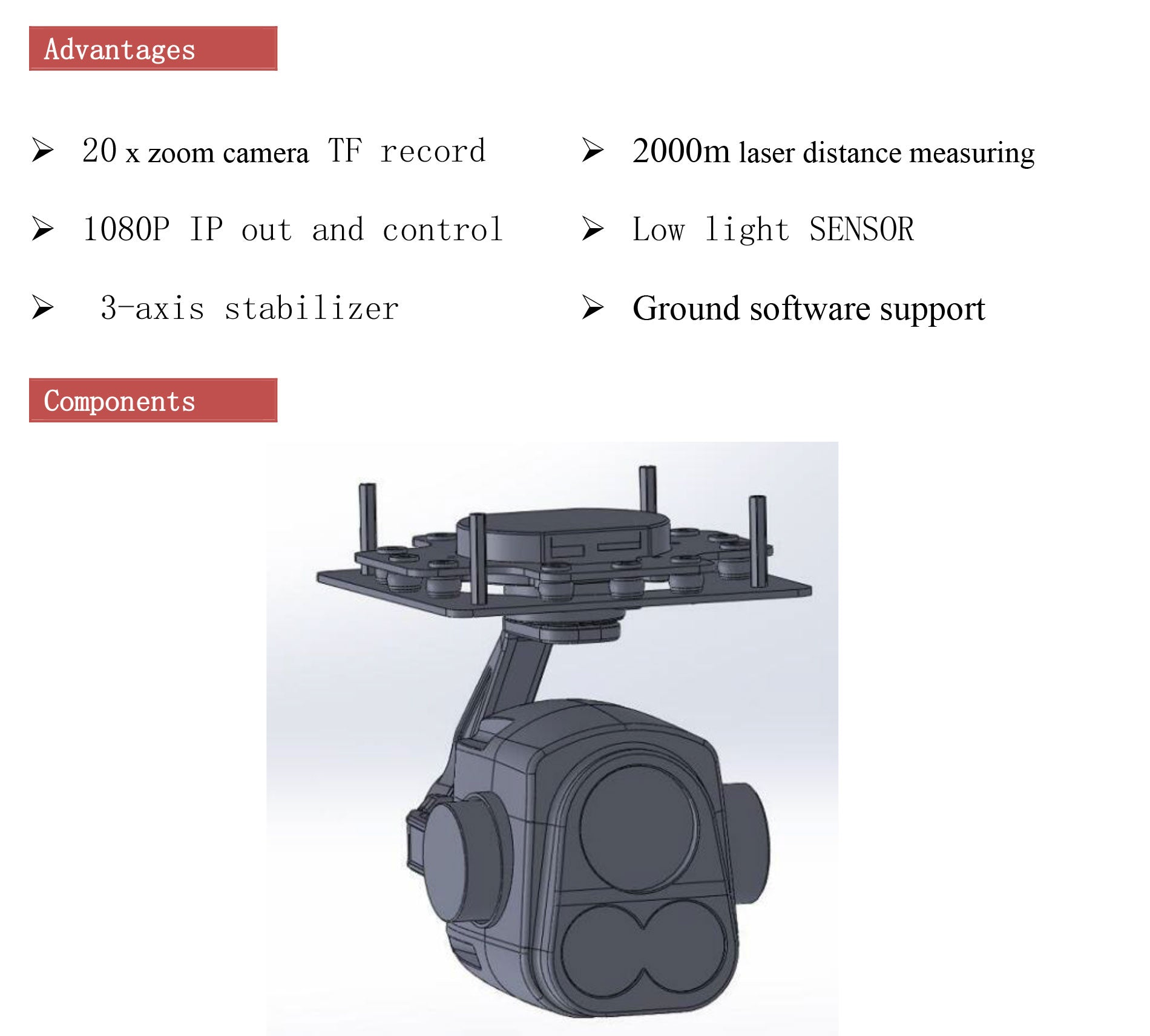 TOPOTEK LHT20S90 Drone Gimbal, Stabilized camera with 20x optical zoom, laser distance measurer, and high-quality video recording.