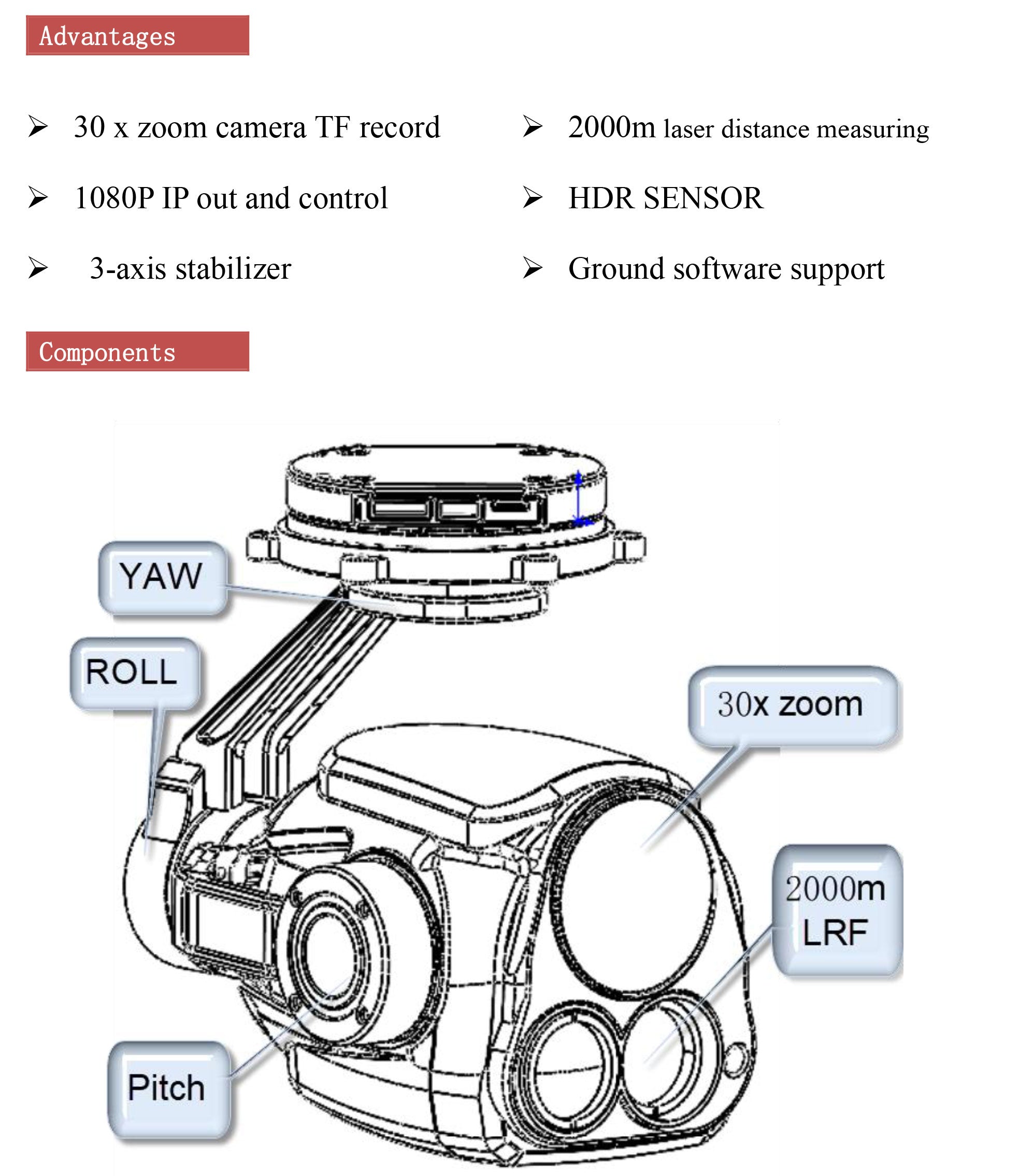 TOPOTEK LHT30S90 Drone Gimbal, High-tech camera features zoom, laser distance measuring, IP output, and stabilization.
