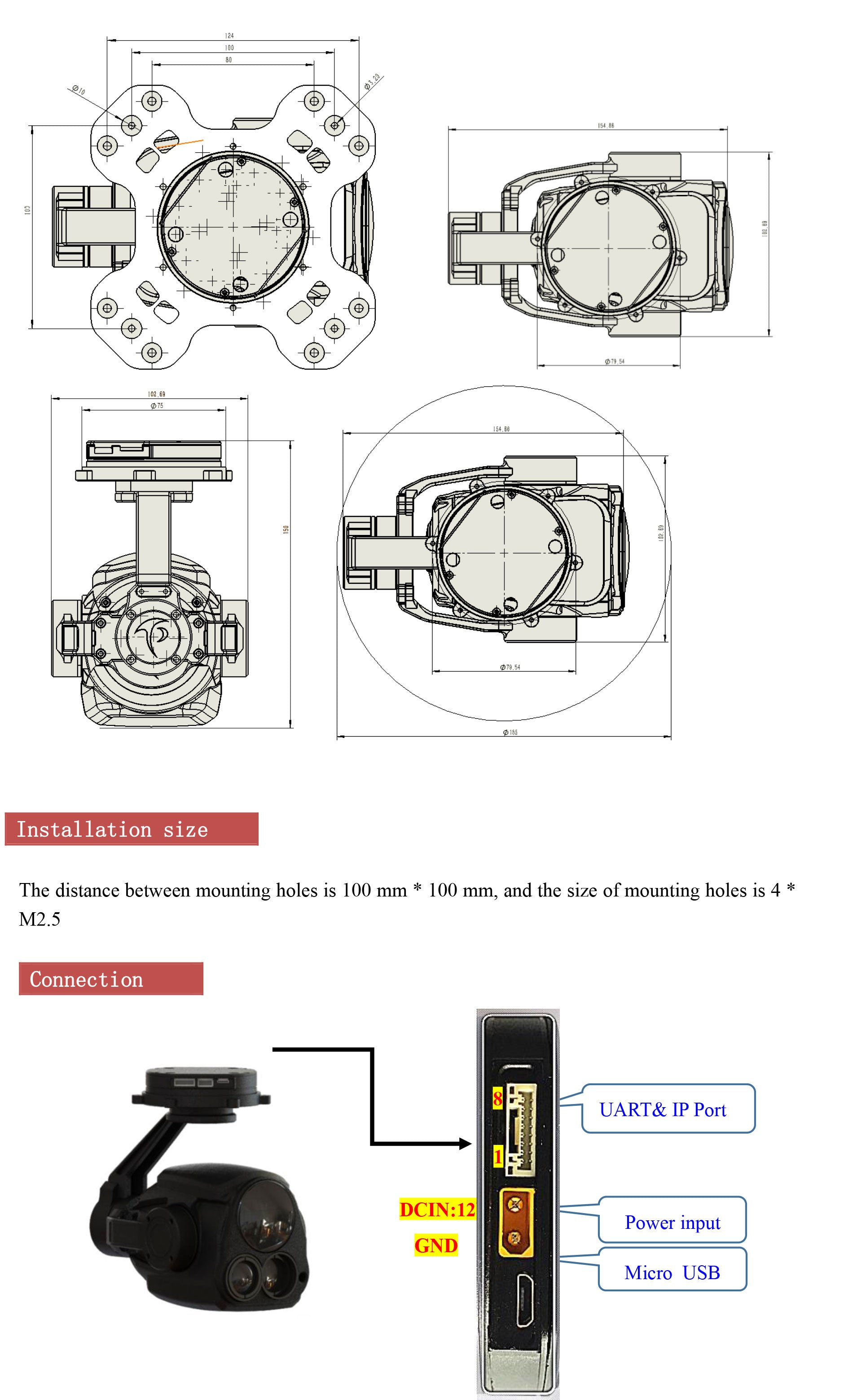TOPOTEK LHT30S90 Drone Gimbal, Gimbal with M2.5 mounting holes, connects via UART/IP port, powered by DCIN (12V) or micro USB to GND.