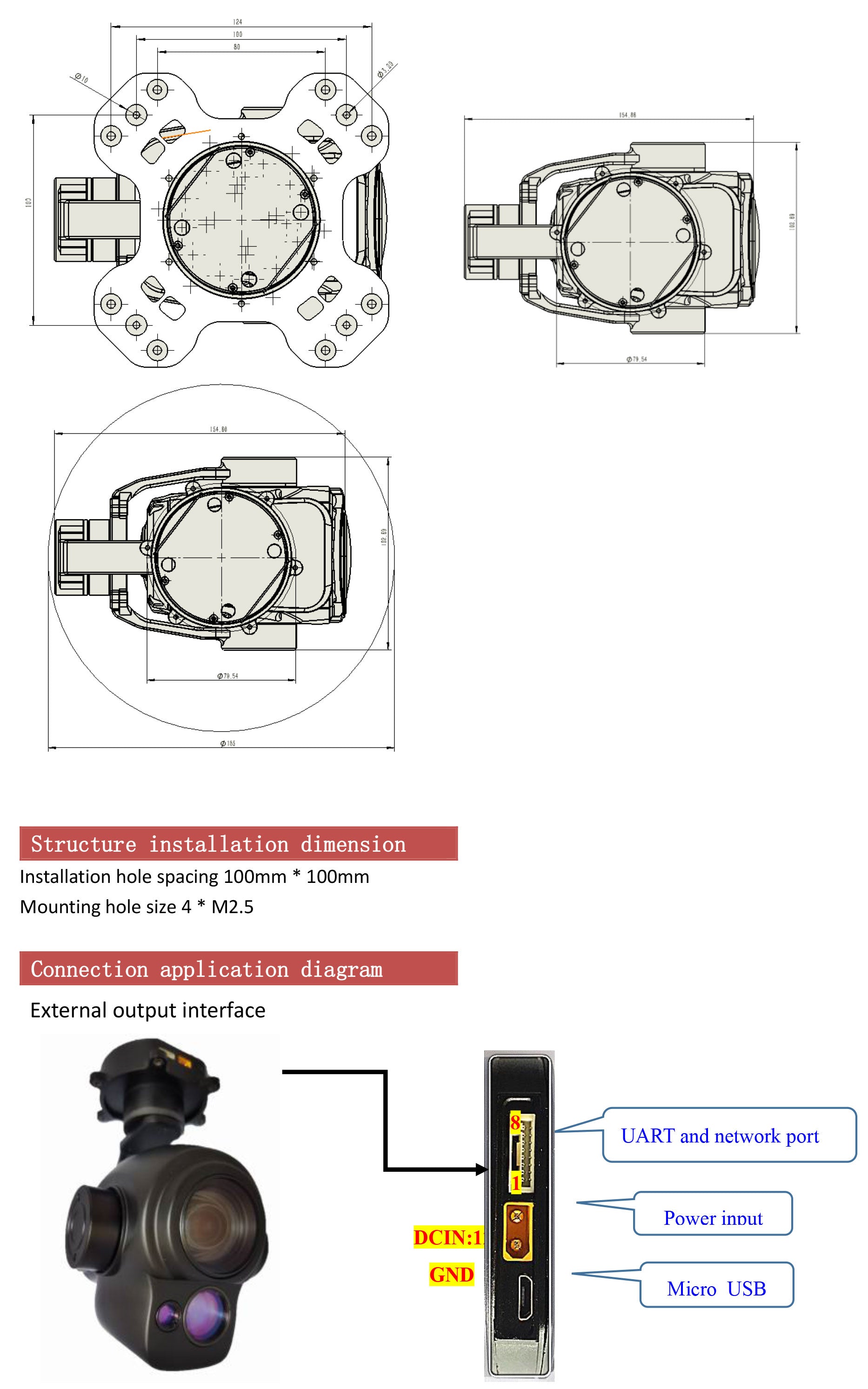 TOPOTEK SIP30L30A Dual Light Drone Gimbal, Small module with compact design, USB connectivity, and various interface options for easy integration.