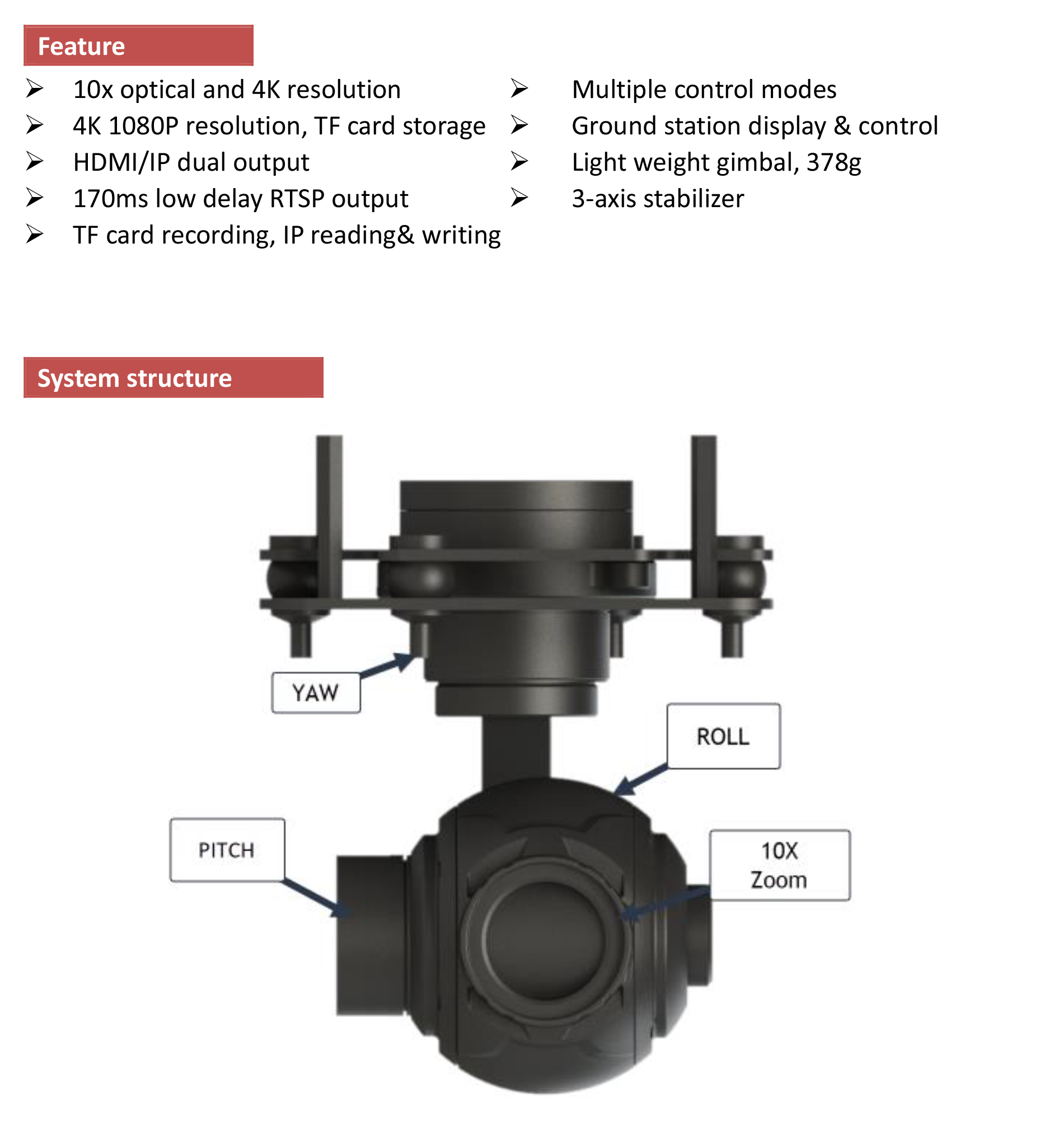 TOPOTEK KHP10S4K Drone Gimbal Camera - 4K 10X Optical zoom 3-Axis Gimbal, IP/HDMI output 4 TOPOTEK KHP10S4K Drone Gimbal, Camera with 3-axis gimbal and 10x optical zoom for stable and detailed video and photos.