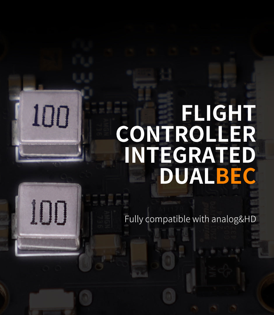 TMOTOR Velox Cine F7 Flight Controller, Integrates dual-BEC system with 100% flight controller compatibility for analog and HD signal reception.