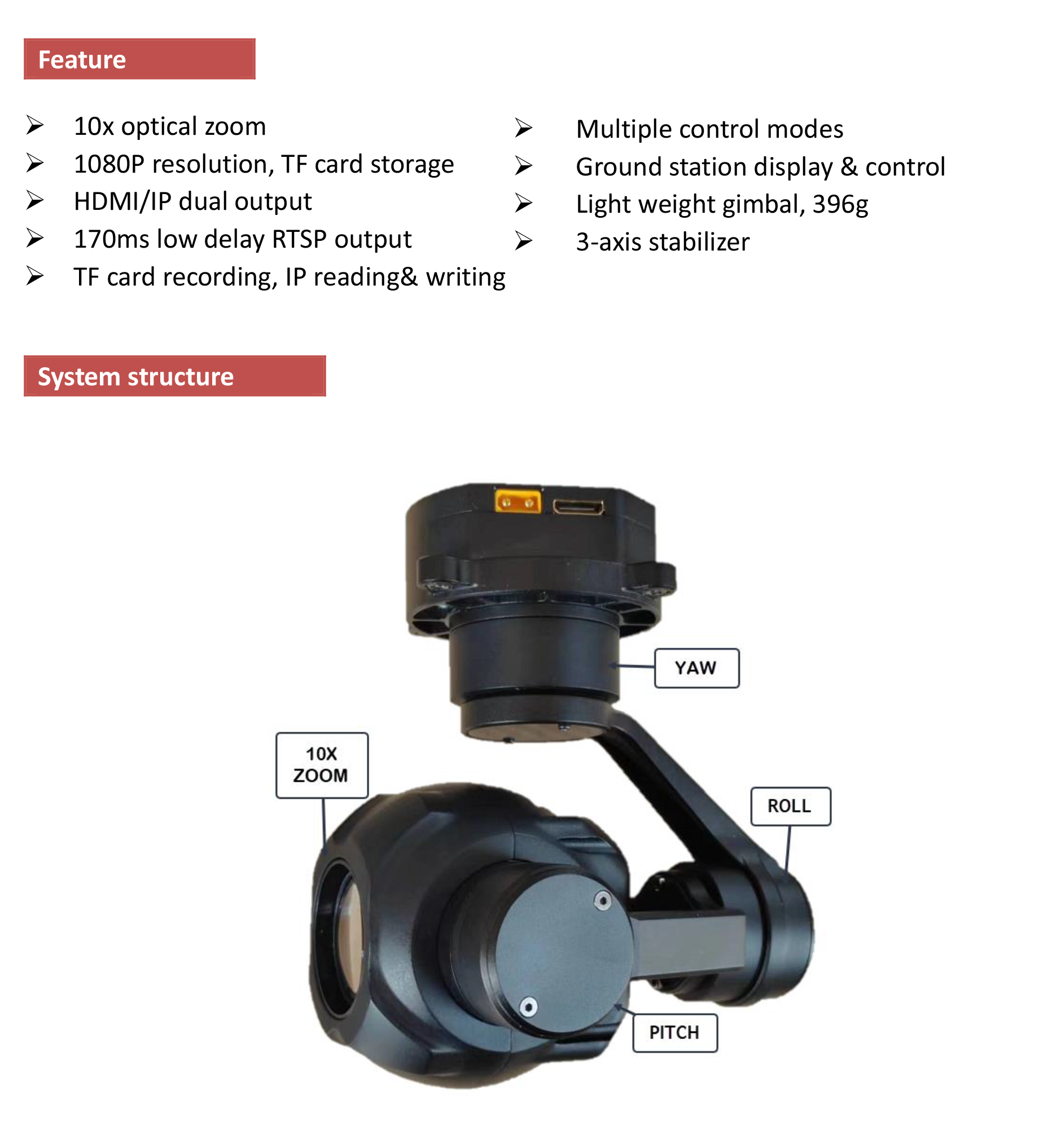 TOPOTEK KHY10S90 Drone Gimbal Camera - 10x Optical zoom IRCUT 3-Axis Gimbal camera, IP/HDMI output 5 TOPOTEK KHY10S90 Drone Gimbal, Robust drone camera with 3-axis gimbal control and 10x optical zoom for precise movement.