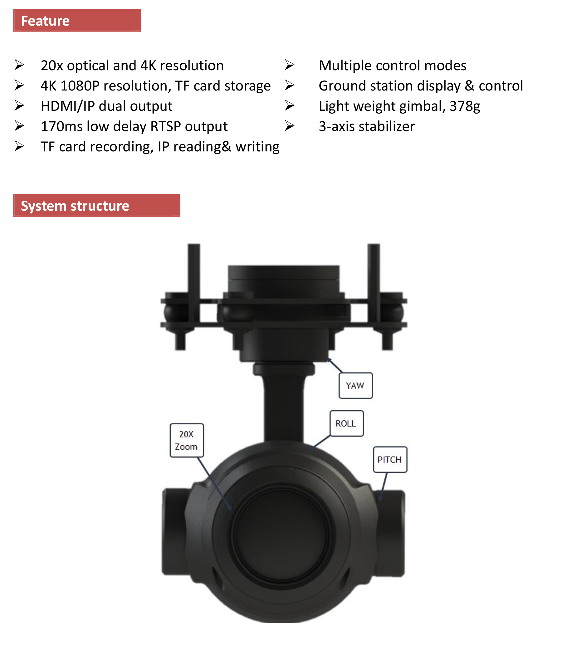 TOPOTEK KHP20S4K Gimbal, Stabilized camera with 3-axis gimbal and 20x zoom lens for precise movement control.
