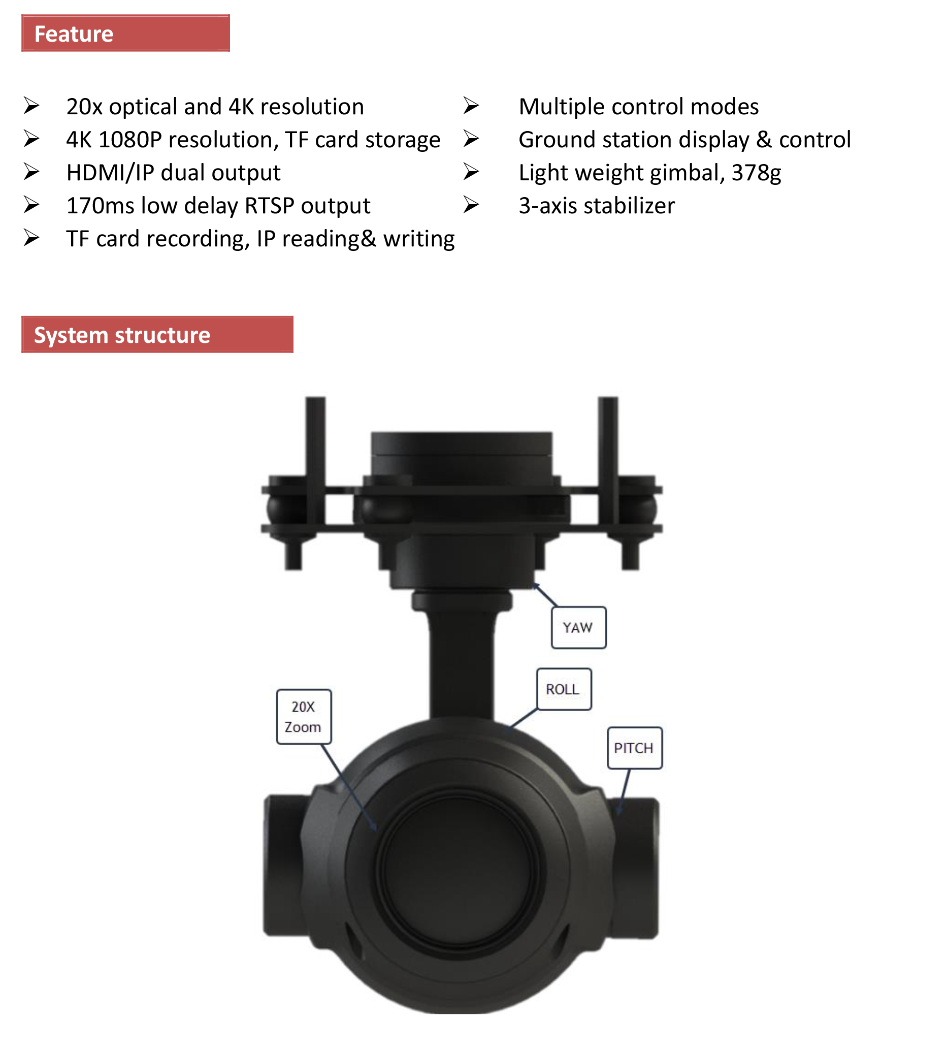 TOPOTEK KHP20S4K Gimbal Camera - 4K 20x Optical zoom 3-Axis Gimbal, IP/HDMI output for UAV Drone 4 TOPOTEK KHP20S4K Gimbal, Stabilized camera with 3-axis gimbal and 20x zoom lens for precise movement control.