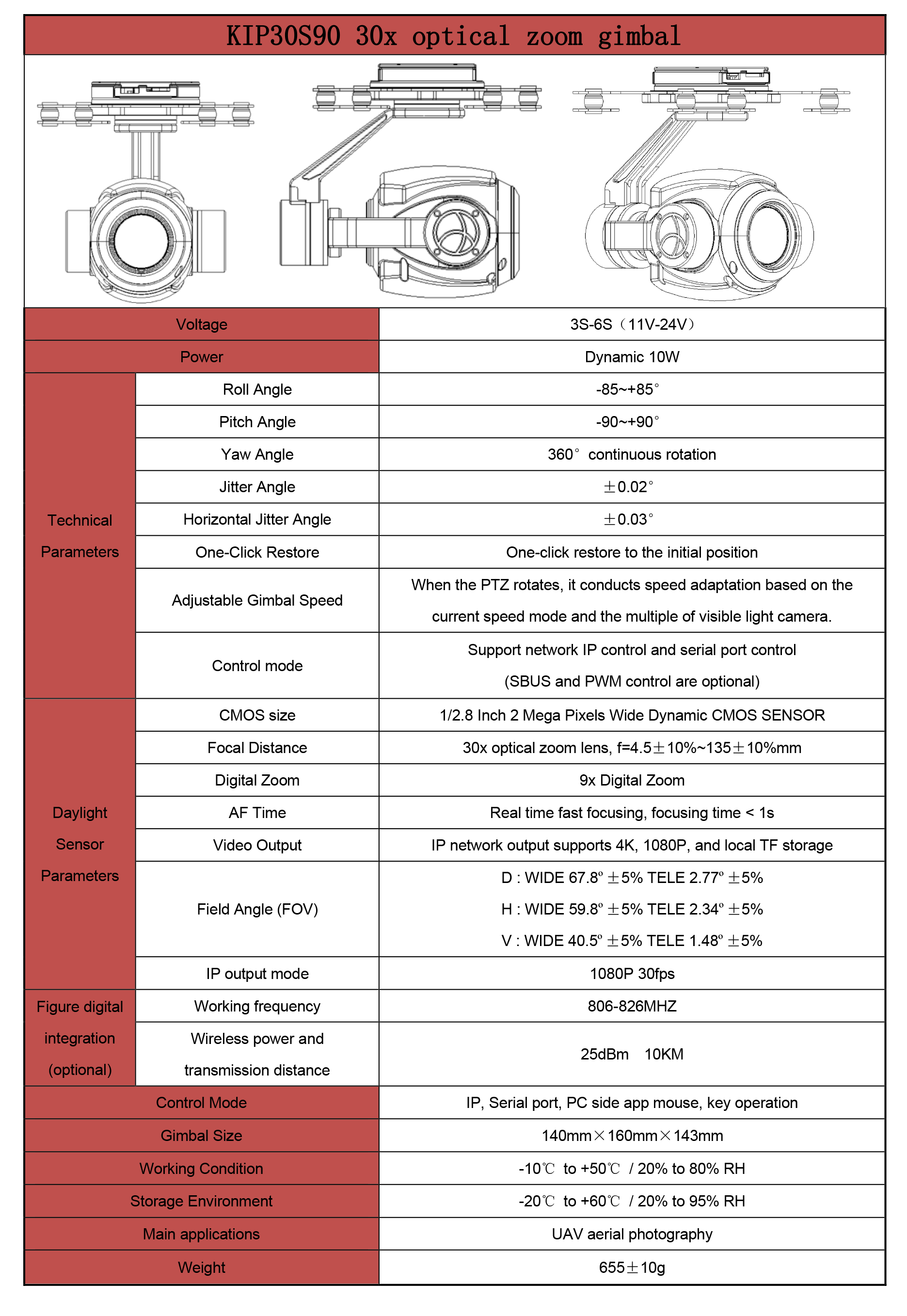 TOPOTEK KIP30S90 EO Gimbal Camera - 30x Optical Zoom + 3-Axis Stabilized Gimbal IP Output for UAV Drone 6 TOPOTEK KIP30S90 EO Gimbal, (+5%), V: 40.5