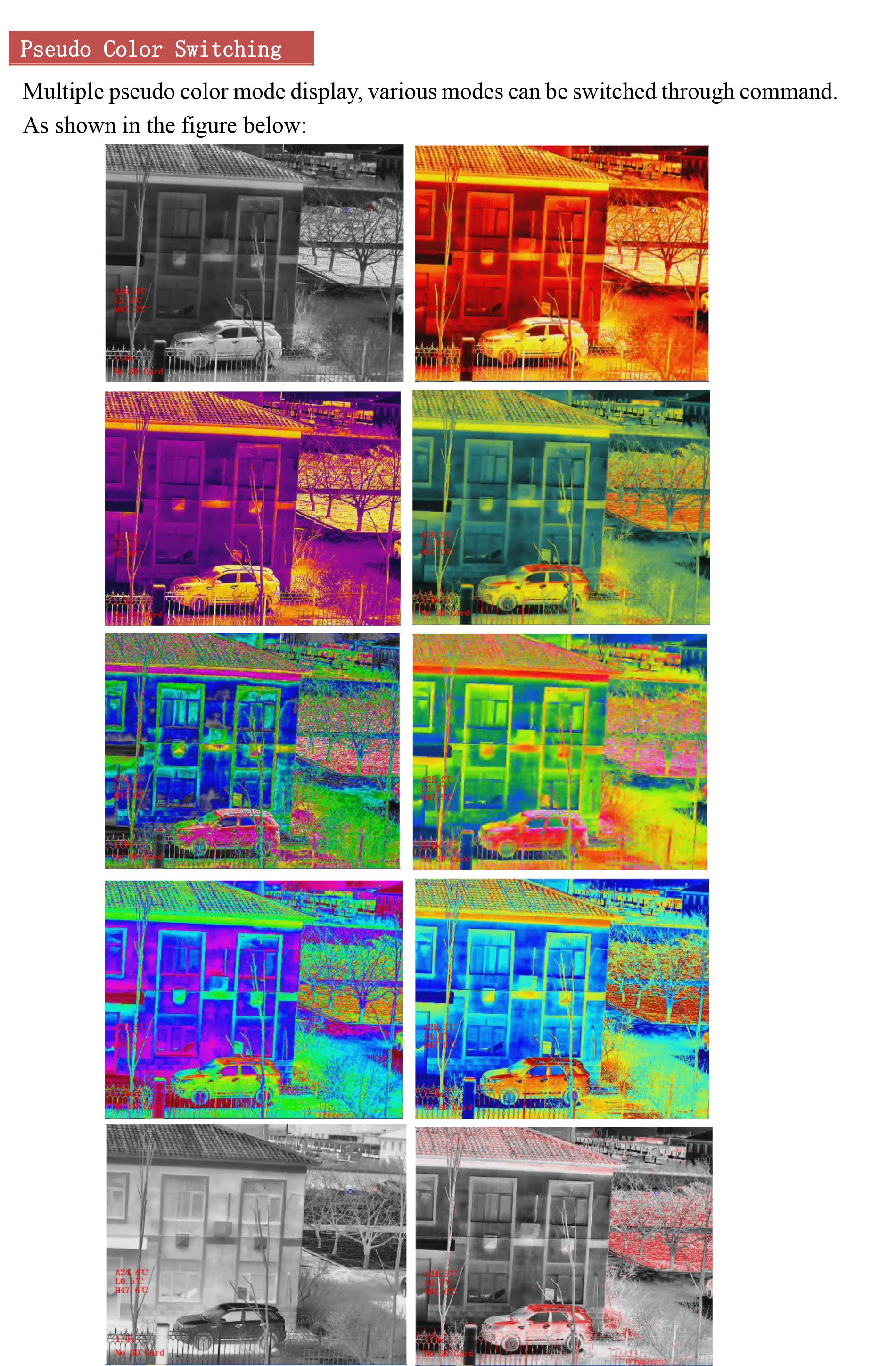TOPOTEK KIP640G25 Thermal Camera Gimbal - 25mm Lens 640*512 Thermal Imager with 3-Axis Gimbal for UAV Drone 7 TOPOTEK KIP640G25 Thermal Camera Gimbal, Switchable pseudo-color modes via command, including various color schemes.