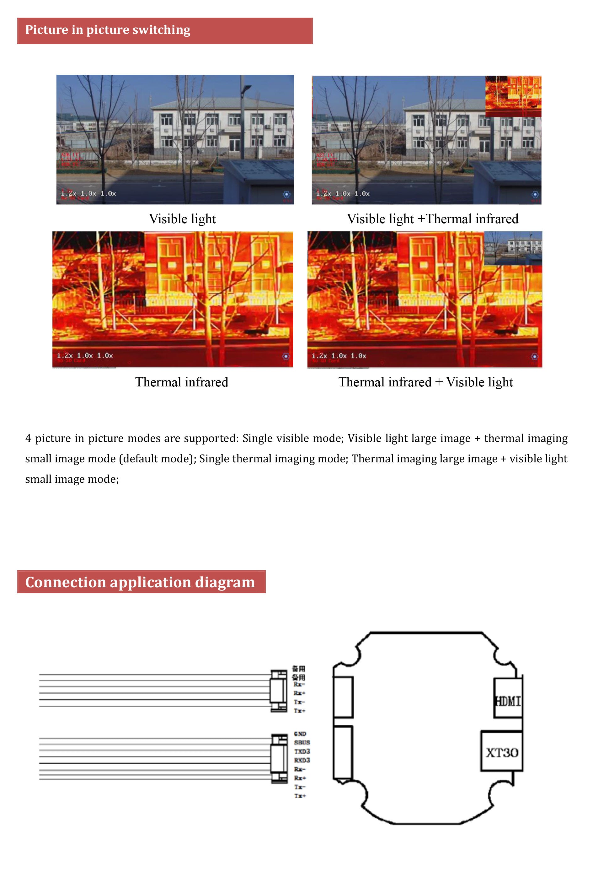 TOPOTEK KHP20A12 Dual Light Drone Gimbal, Picture-in-picture switching with 5 modes; dual video output via HDMI and Ethernet.