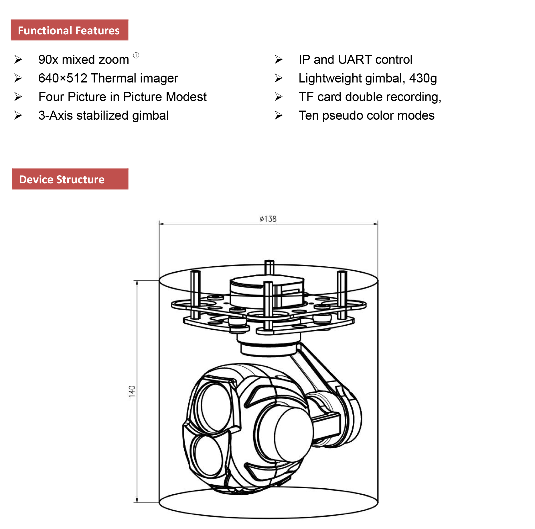 TOPOTEK KIP10G613 Dual Light Drone Gimbal, High-quality imaging device with 10x zoom and 90x magnification in a compact gimbal.