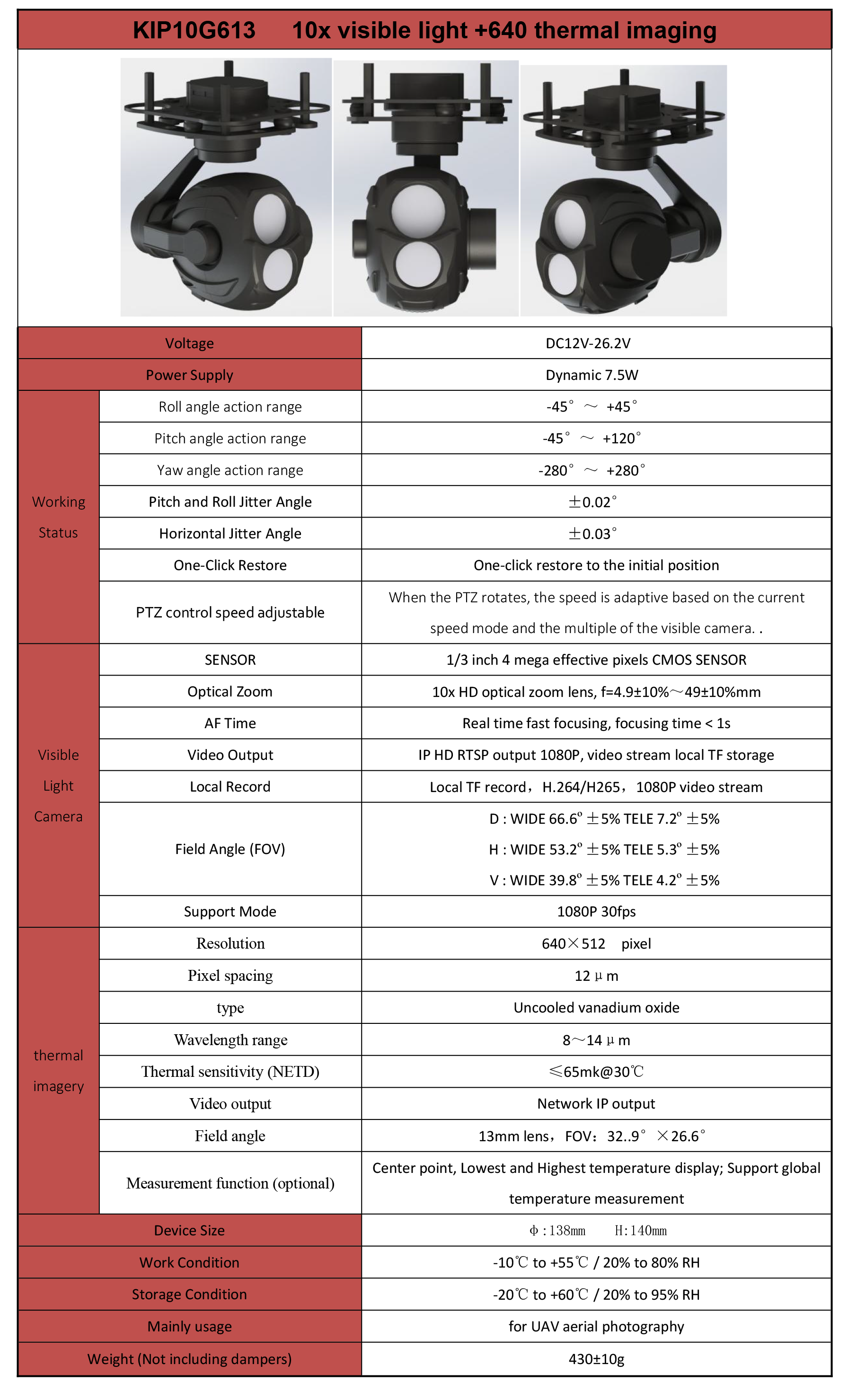 TOPOTEK KIP10G613 Dual Light Drone Gimbal, TOPOTEK KIP10G613 drone gimbal with 10x optical/90x mixed zoom camera and thermal imaging features.