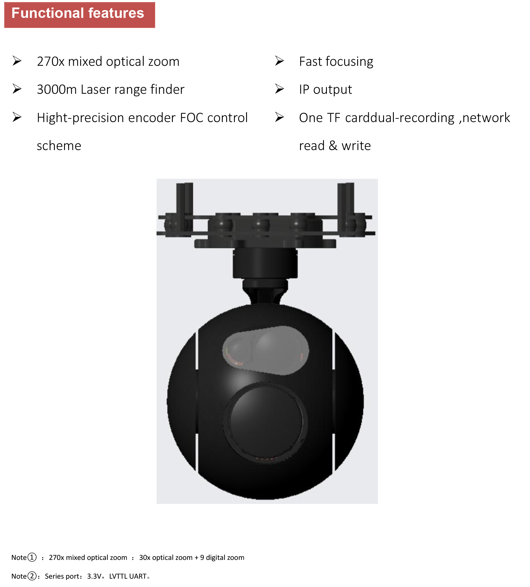 TOPOTEK KIP30L30A Dual Light Drone Gimbal, Camera features 2MP HD sensor, IP and UART controls, and data reading from laser range finder.