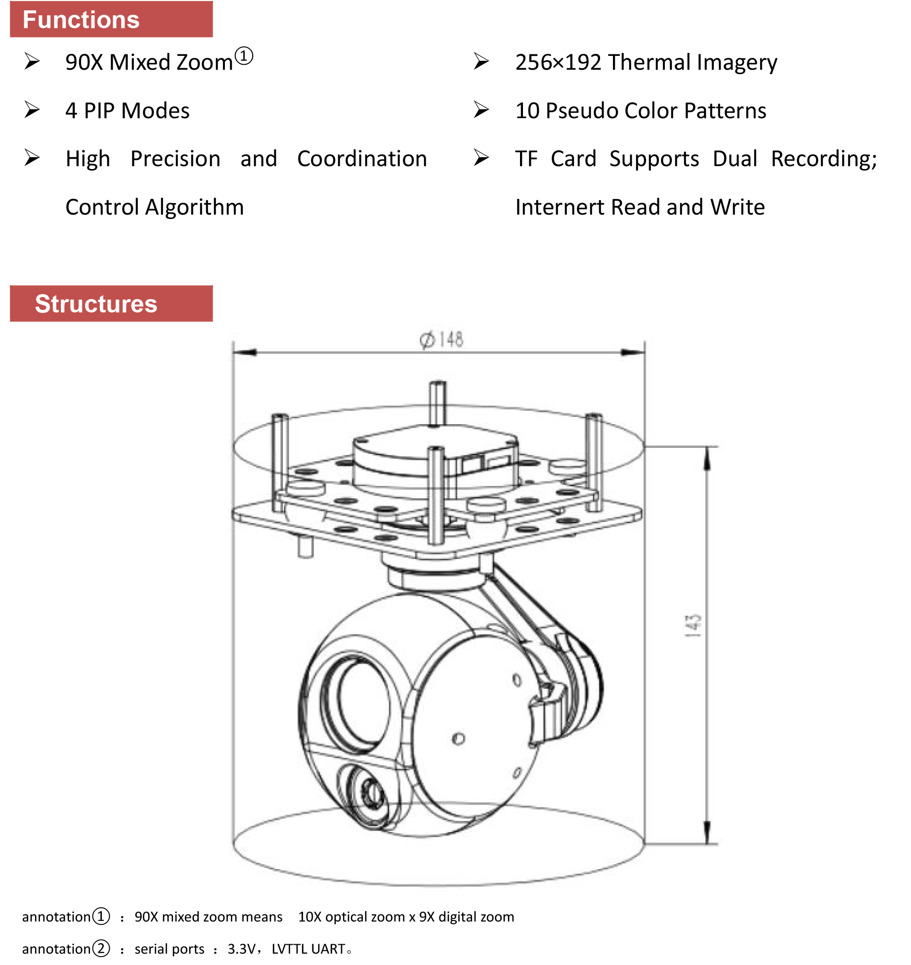 TOPOTEK KHY10G207 Dual Light Drone Gimbal, High-tech camera gimbal with 90x zoom, thermal imaging, and precision stabilization.