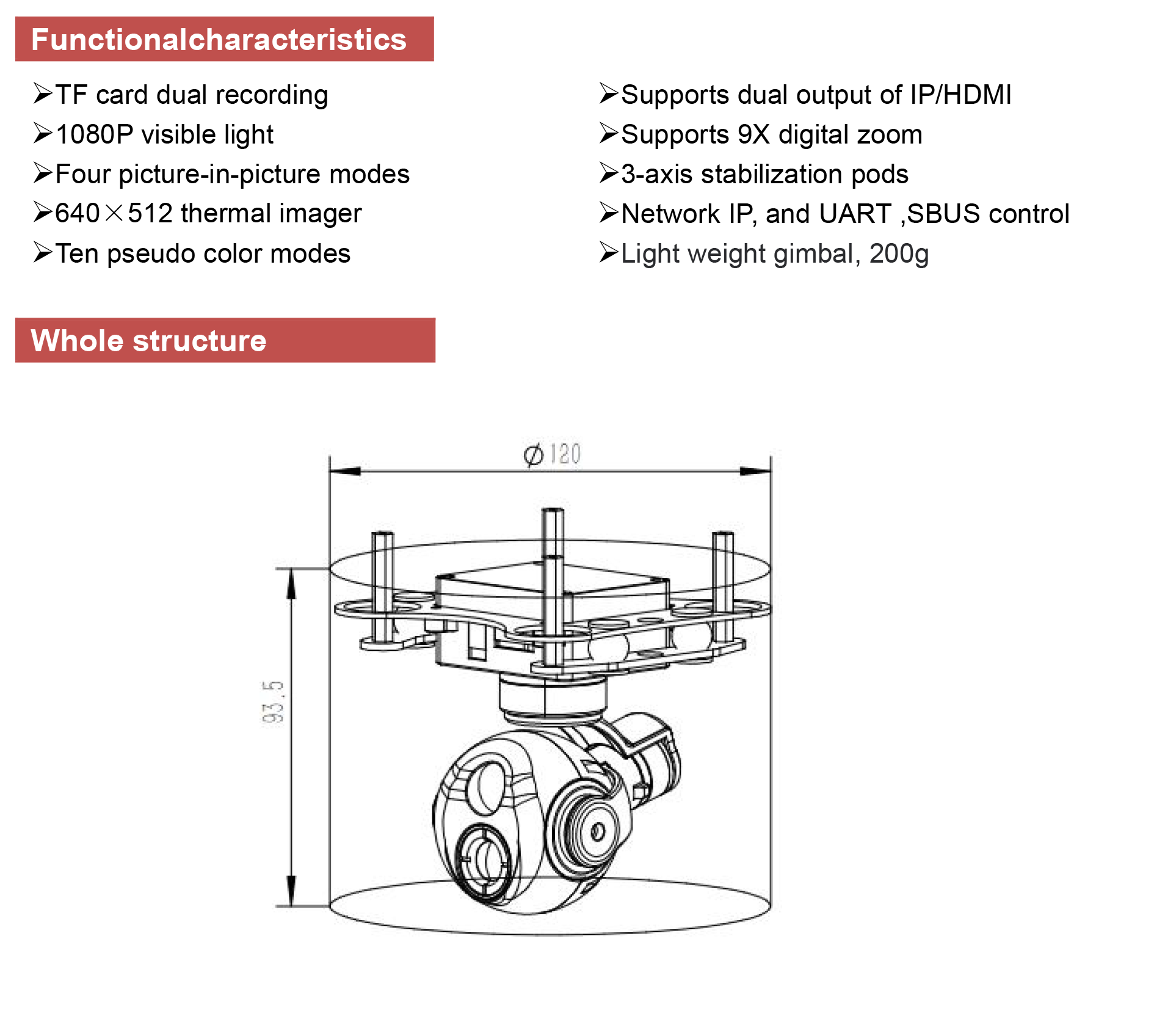 TOPOTEK KHP290A609 Dual Light Drone Gimbal, Compact lightweight gimbal weighing 120g, measuring 7.5cm long.