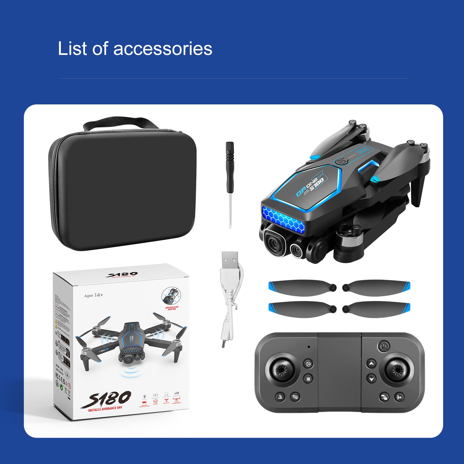 S180 Drone, Sturdy drone with accessories, ideal for ages 14+, featuring obstacle avoidance and a 312-foot range.