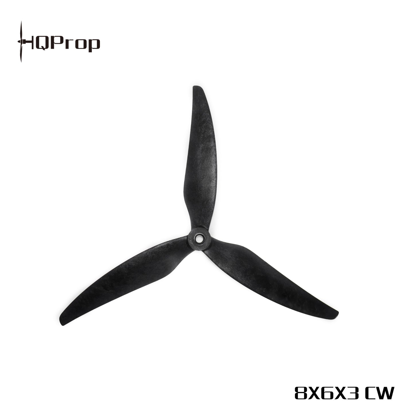 HQProp 8X6X3 CW tri-blade drone propeller, black, top view with rotation marking