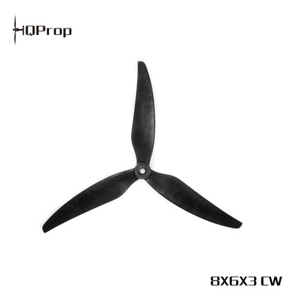 HQProp 8X6X3 CW tri-blade drone propeller, black, top view with rotation marking
