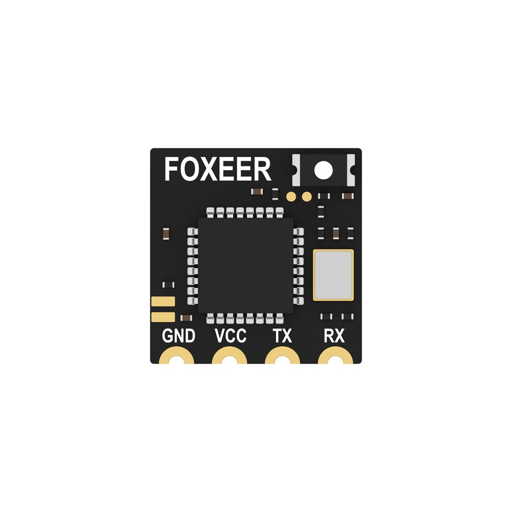 Foxeer ELRS Lite 2.4G receiver PCB with FOXEER logo and labeled pads for GND, VCC, TX and RX