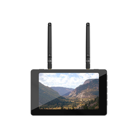 5-inch IPS FPV monitor with dual 5.8G antennas and glossy screen display in a compact black housing