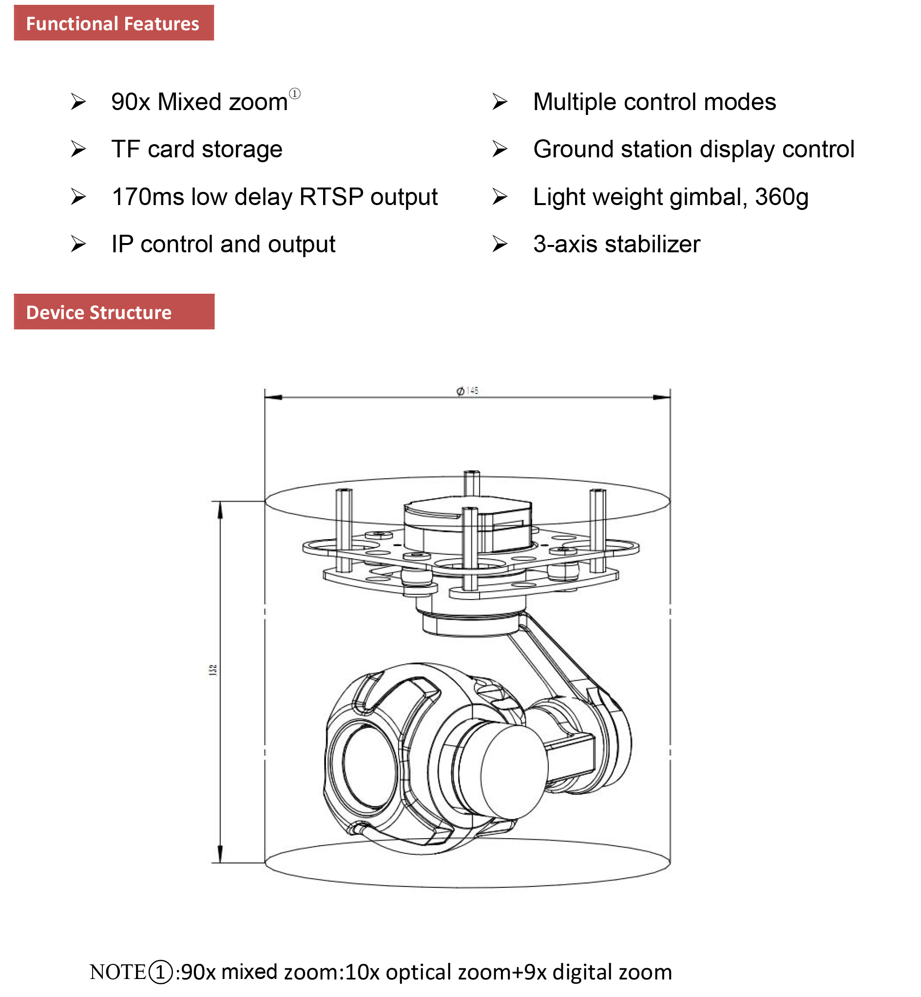 TOPOTEK KIY10S35 Camera Gimbal, High-definition camera features 1080p video, 10x zoom, and IP output in a compact design for drones.