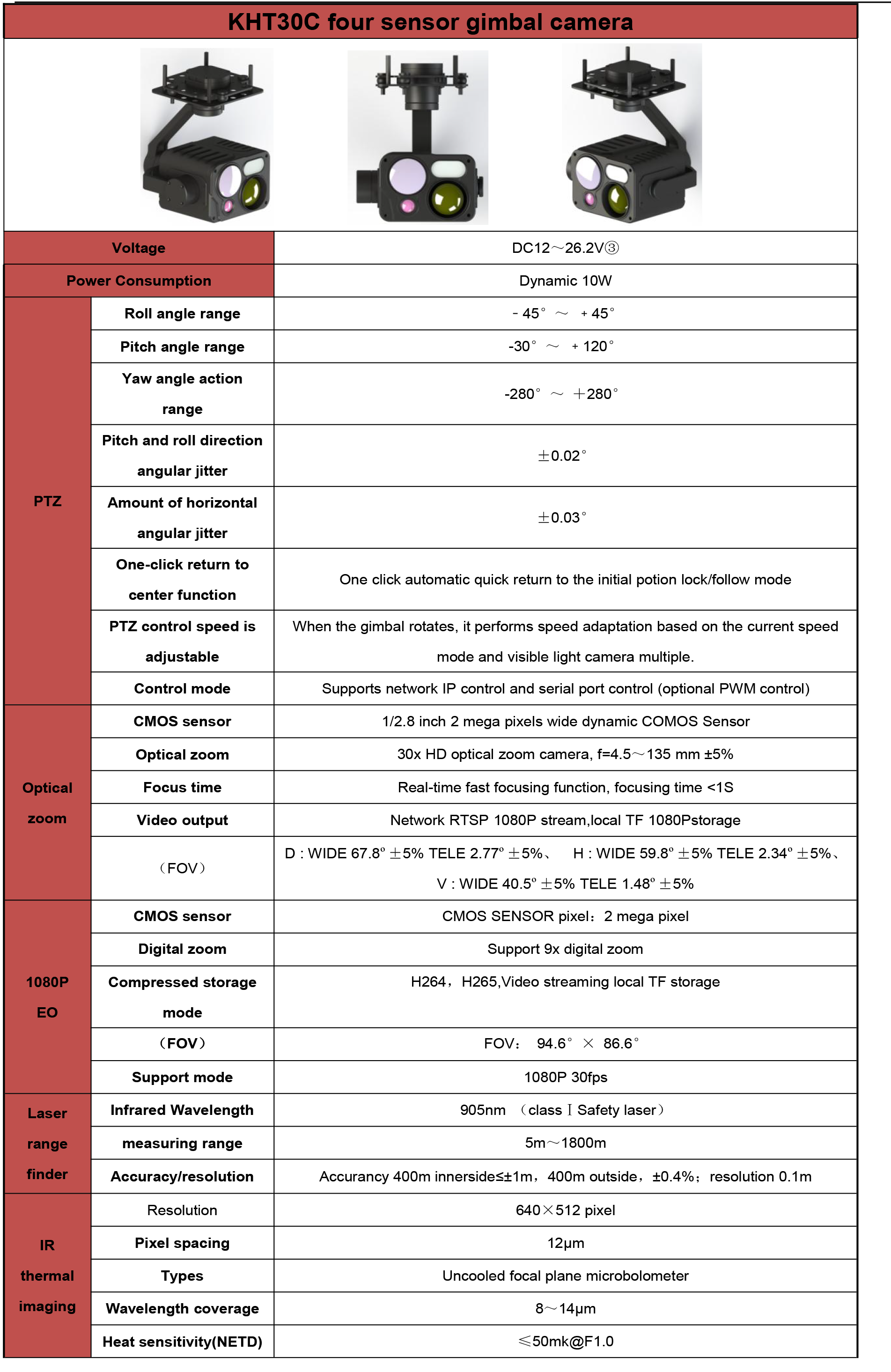 TOPOTEK KHT30C Four-sensor Drone Gimbal, Drone gimbal camera with zoom, video, and thermal imaging capabilities plus laser range finder.