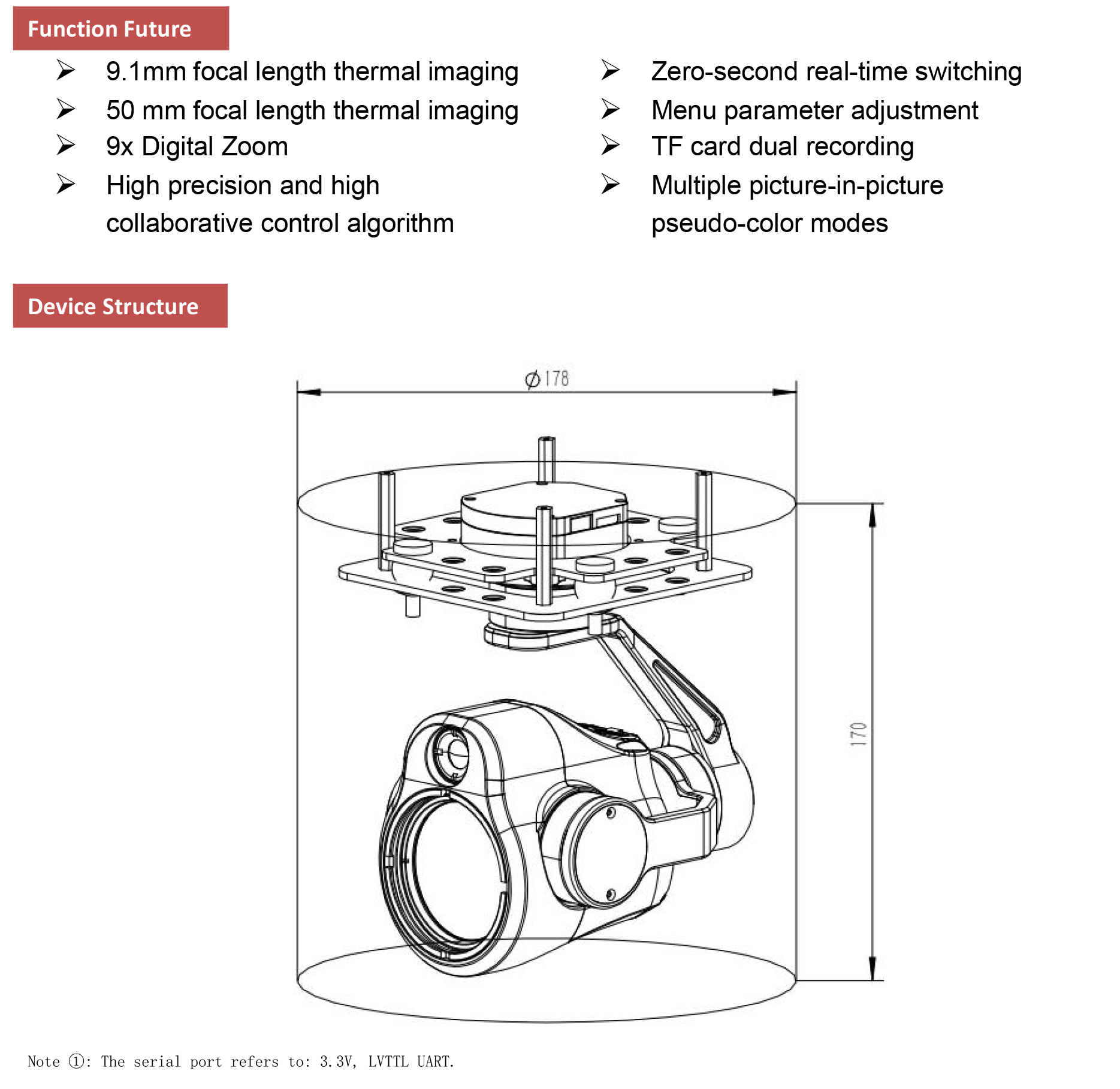 TOPOTEK KHPA60950 Dual Thermal Imaging Gimbal, Advanced thermal imaging gimbal with dual cameras for UAV drone night vision applications.