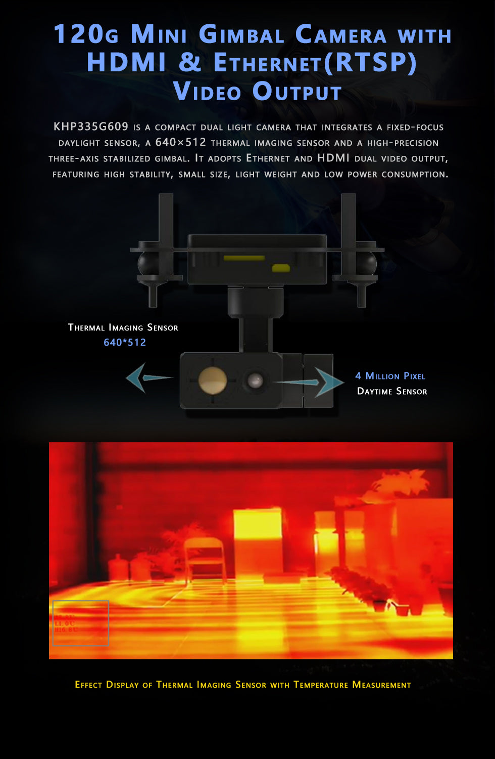 TOPOTEK KHP335G609 Dual Light Drone Gimbal, Compact and lightweight drone gimbal with daylight camera, thermal sensor, and stabilizer.