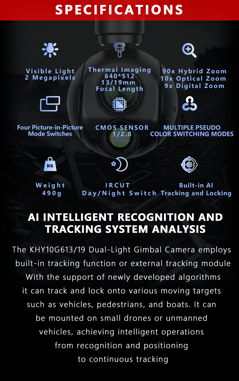 TOPOTEK KHY10G613 Dual Light Drone Gimbal, High-tech drone gimbal with dual cameras: optical and thermal, stabilized PTZ, and advanced features.