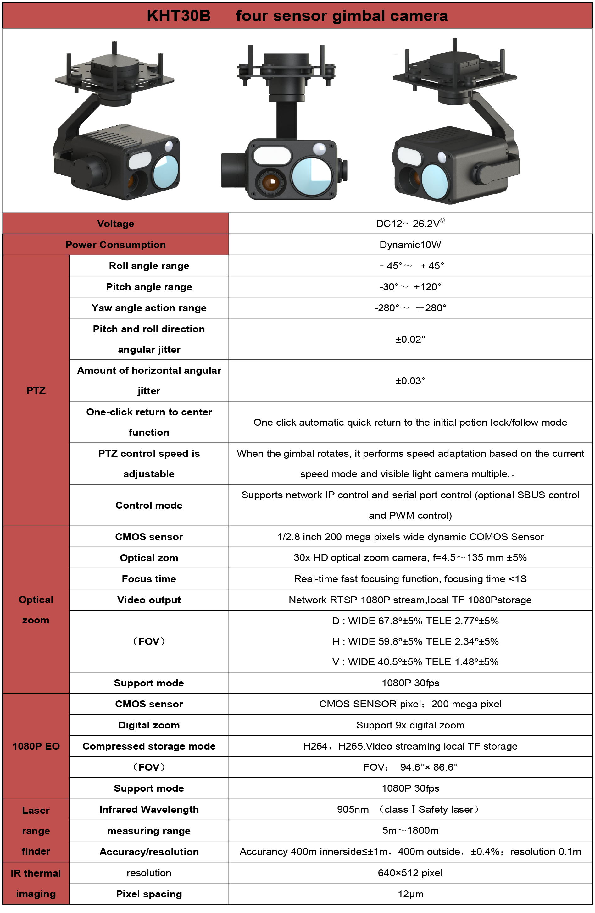 TOPOTEK KHT30B High 4 Sensor Drong Gimbal, High-end gimbal camera with 4 sensors, featuring zoom and thermal imaging capabilities.