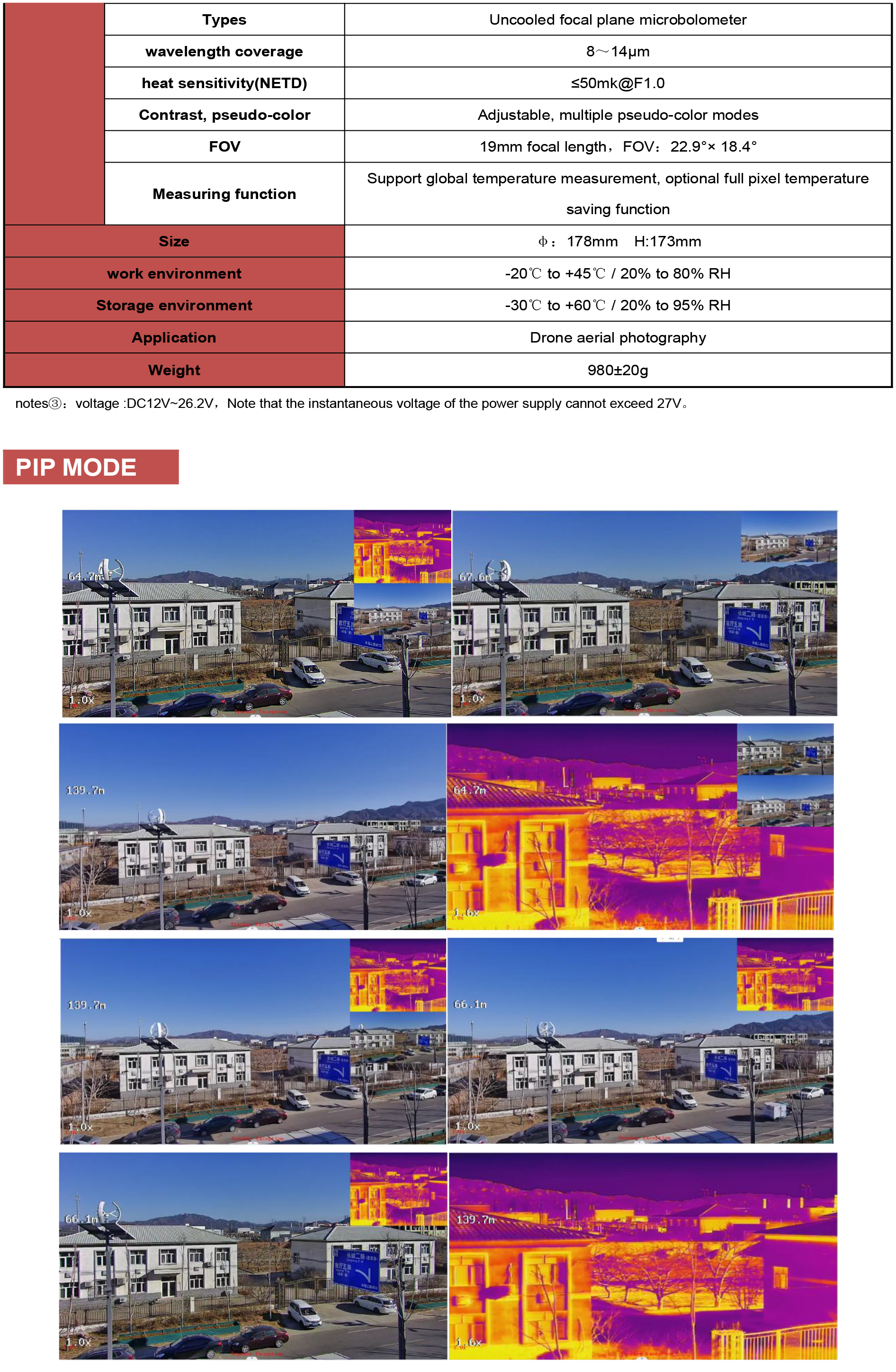 TOPOTEK KHT30B High 4 Sensor Drong Gimbal, Microbolometer sensor with small pixels, adjustable color modes, and features for temperature measurement.