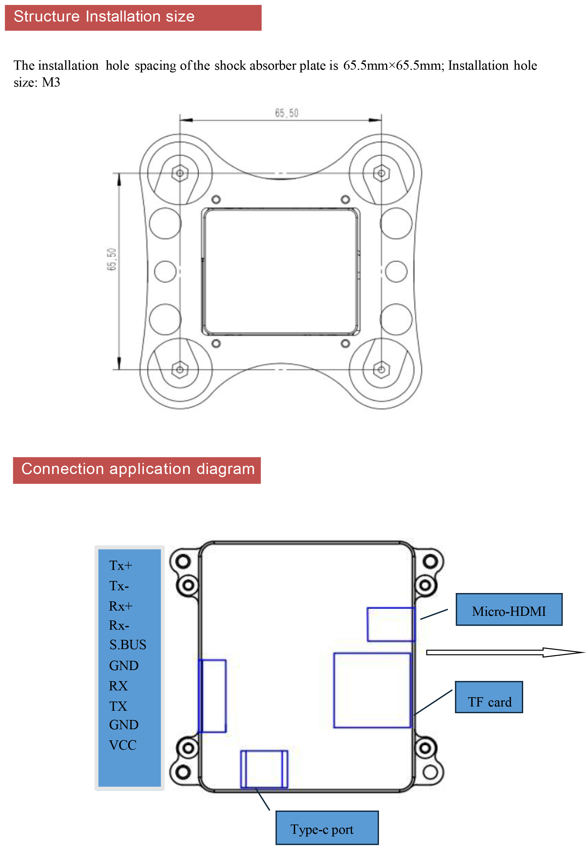 TOPOTEK KHP415 Gimbal camera - 4K 8MP HD 7X Digital Zoom HD Camera With 3-Axis Stabilized Gimbal for UAV Drone 11 TOPOTEK KHP415 Gimbal, Key specifications: installation size, ports (Tx+, Rx+, HDMI, SBUS, GND, RX, TX), TF card slot and power supplies.