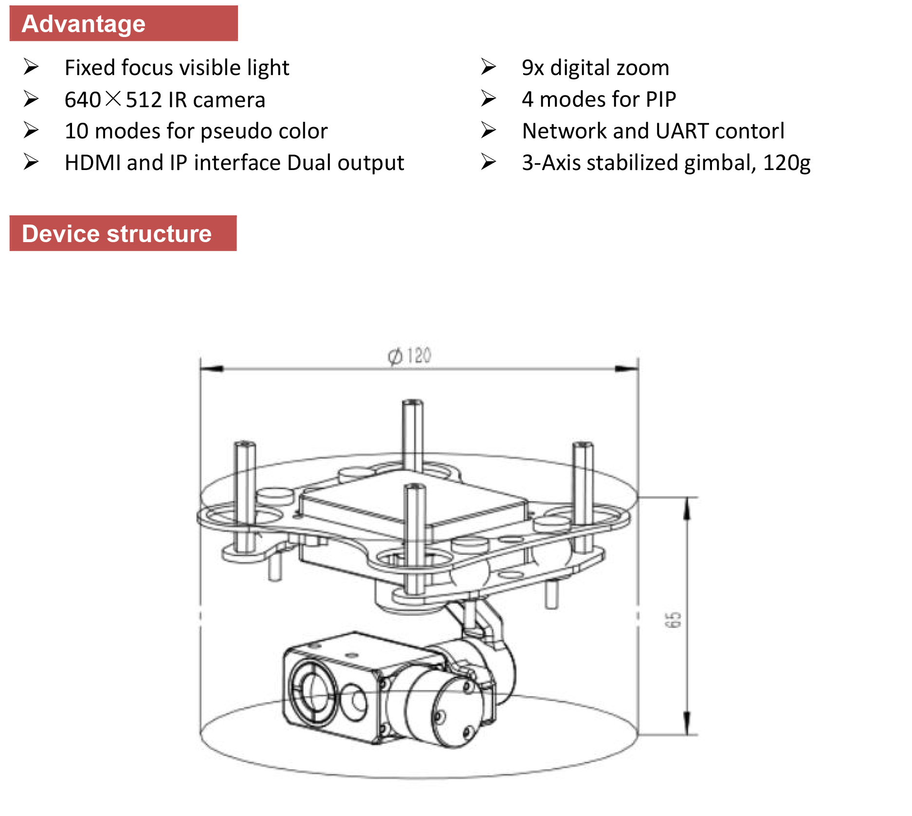 TOPOTEK KHP335G609 Dual Light Drone Gimbal, Compact, lightweight (120g) device with IP/HDMI output and fixed focus camera for efficient operations.