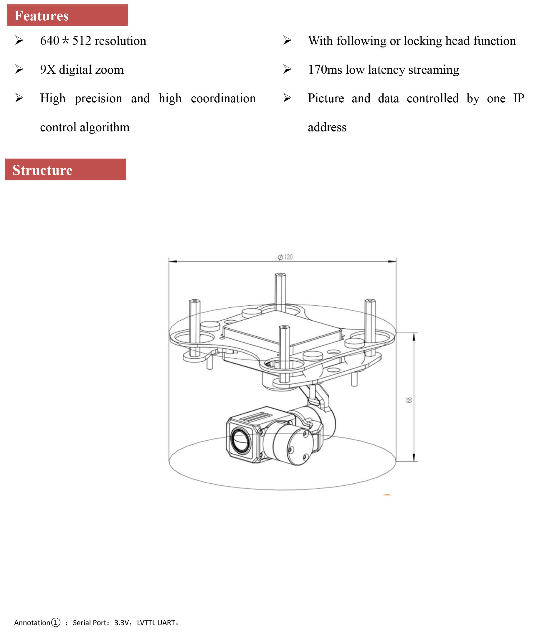 TOPOTEK HP640M5 3-Axis Single Thermal Camera Gimbal - 9X Digital Zoom 640x512 8.7mm Thermal Camera With 3-Axis Stabilization For UAV Drone 4 High-resolution thermal camera for precise tracking and zooming with low latency streaming and serial port connectivity.