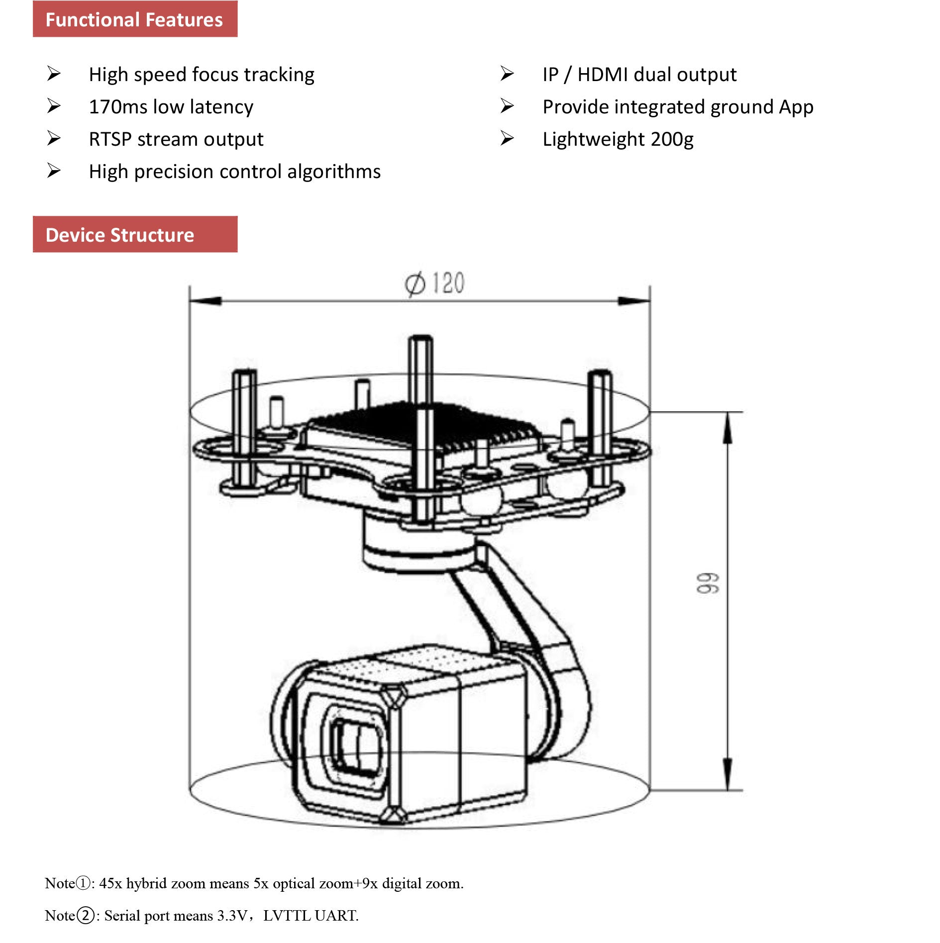 TOPOTEK KHP05S35 Dual Light Small Gimbal - 45x Hybrid Zoom (5X Optical + 9x Digital ) Camera 3-Axis Stabilization PTZ for UAV Drone 4 TOPOTEK KHP05S35 Dual Light Small Gimbal, High-speed camera with advanced features like focus tracking and dual HDMI output, ideal for live streaming.