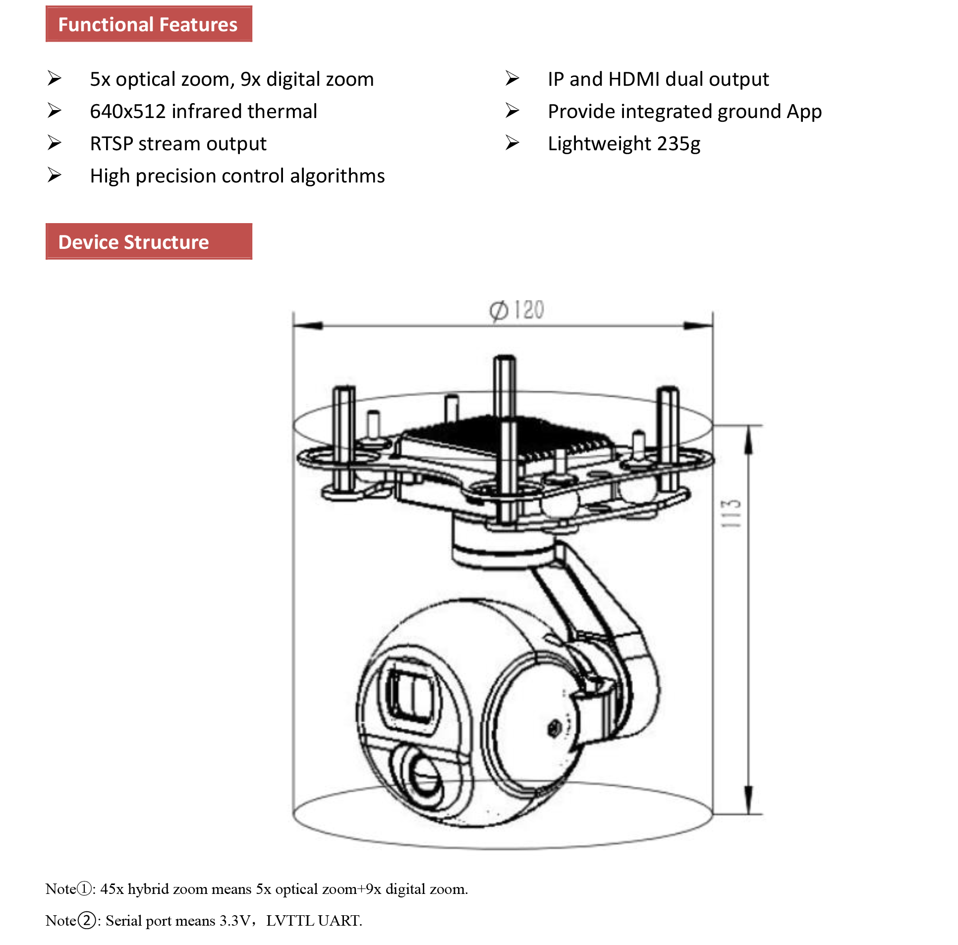 TOPOTEK KHP05M5 Dual Light Drone Camera Gimbal, Compact gimbal with 45x zoom, thermal imaging, and HDMI/IP connectivity.