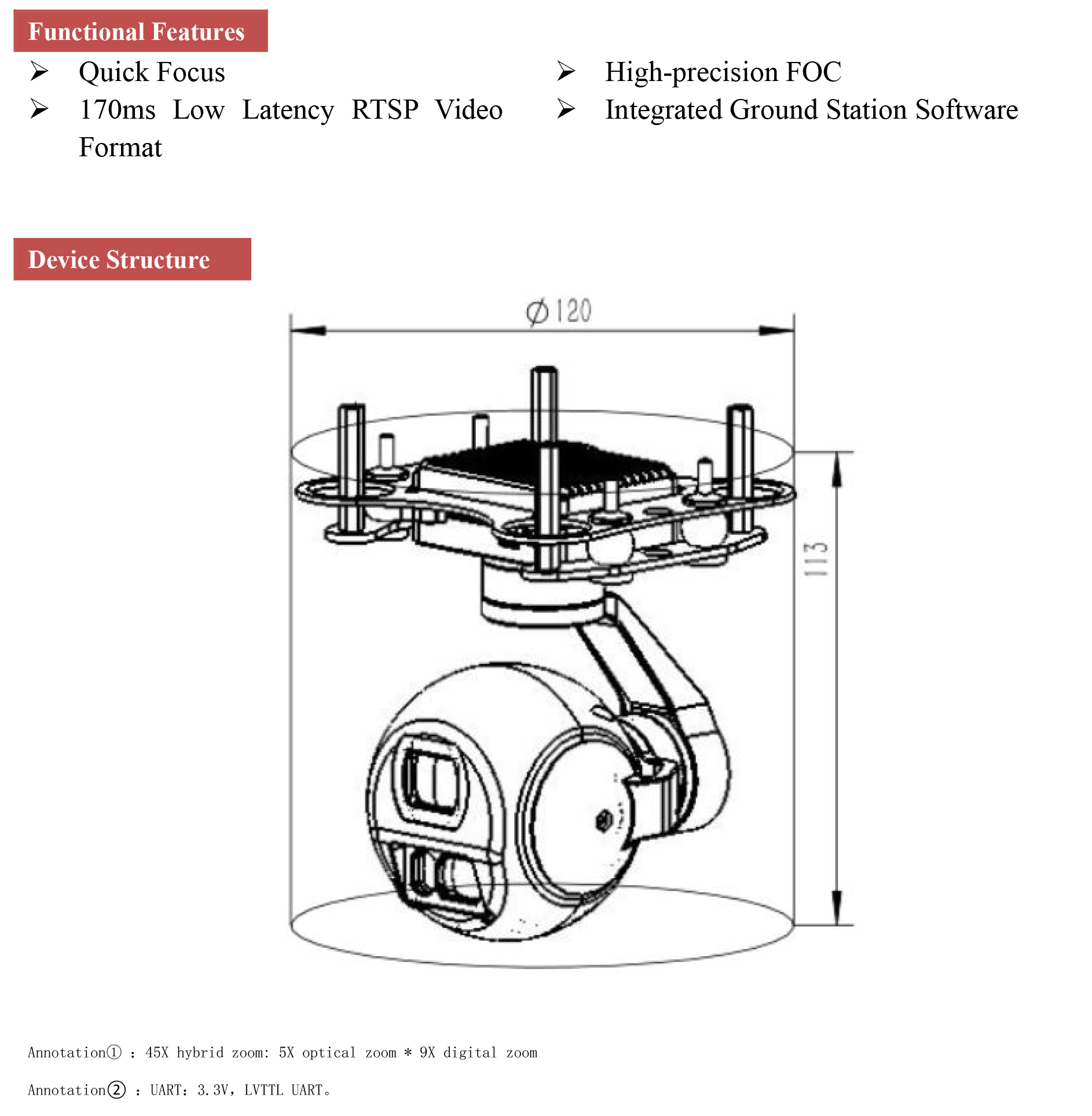 TOPOTEK KHP05L12 Dual Light Drone Gimbal, Stabilized drone gimbal with zoom camera and laser rangefinder for precise aerial photography.