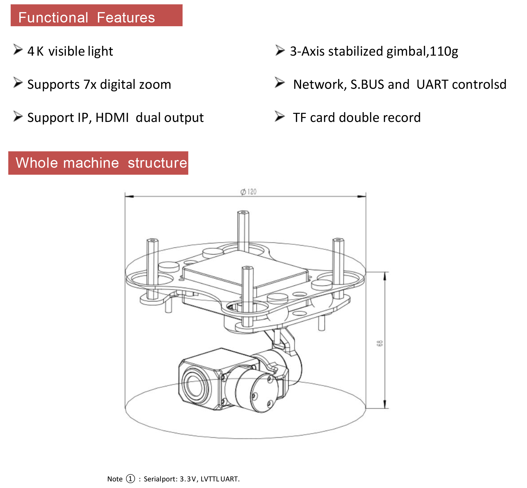 TOPOTEK KHP415 Gimbal camera - 4K 8MP HD 7X Digital Zoom HD Camera With 3-Axis Stabilized Gimbal for UAV Drone 9 TOPOTEK KHP415 Gimbal, Whole-machine structure features adjustable settings for smooth operation, providing optimal stabilization and precise control.