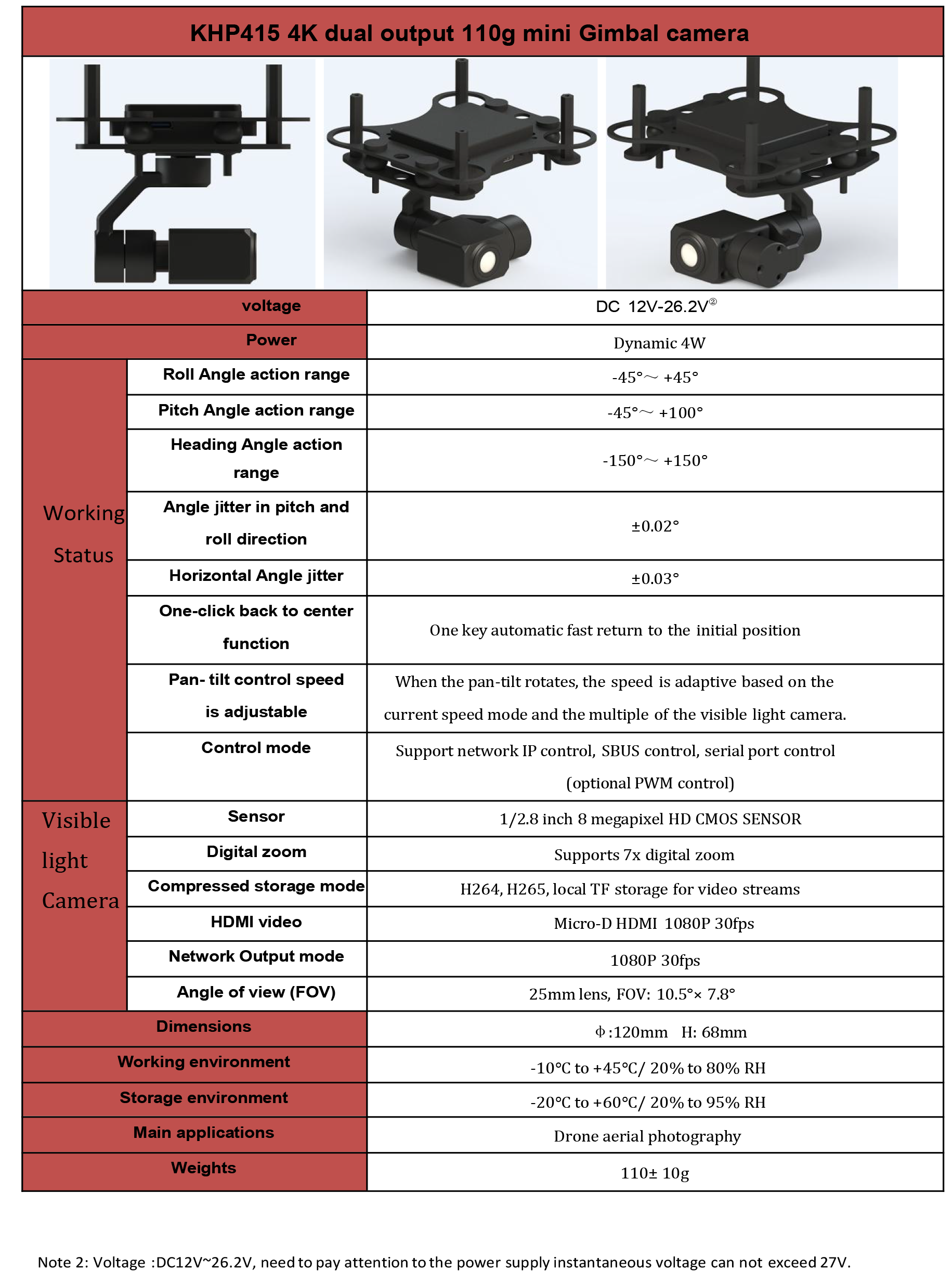 TOPOTEK KHP415 Gimbal camera - 4K 8MP HD 7X Digital Zoom HD Camera With 3-Axis Stabilized Gimbal for UAV Drone 10 TOPOTEK KHP415 Gimbal, Compact 4K gimbal camera with dual outputs, weighs 110g, displays power and voltage levels.