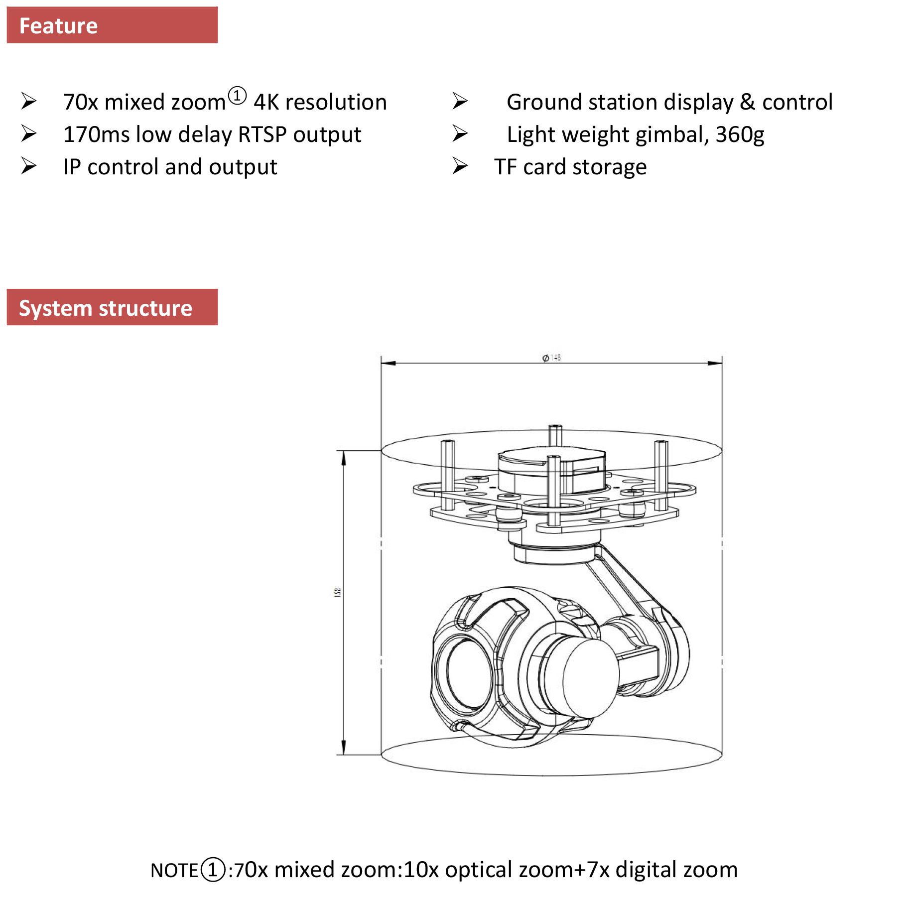 TOPOTEK KIY10S4K Camera Gimbal - 4K Resolution 10x Optical Zoom 3-Axis PTZ Small Gimbal for UAV Drone 5 TOPOTEK KIY10S4K camera gimbal specs: voltage, power supply, roll/pitch/yaw angles, and more.