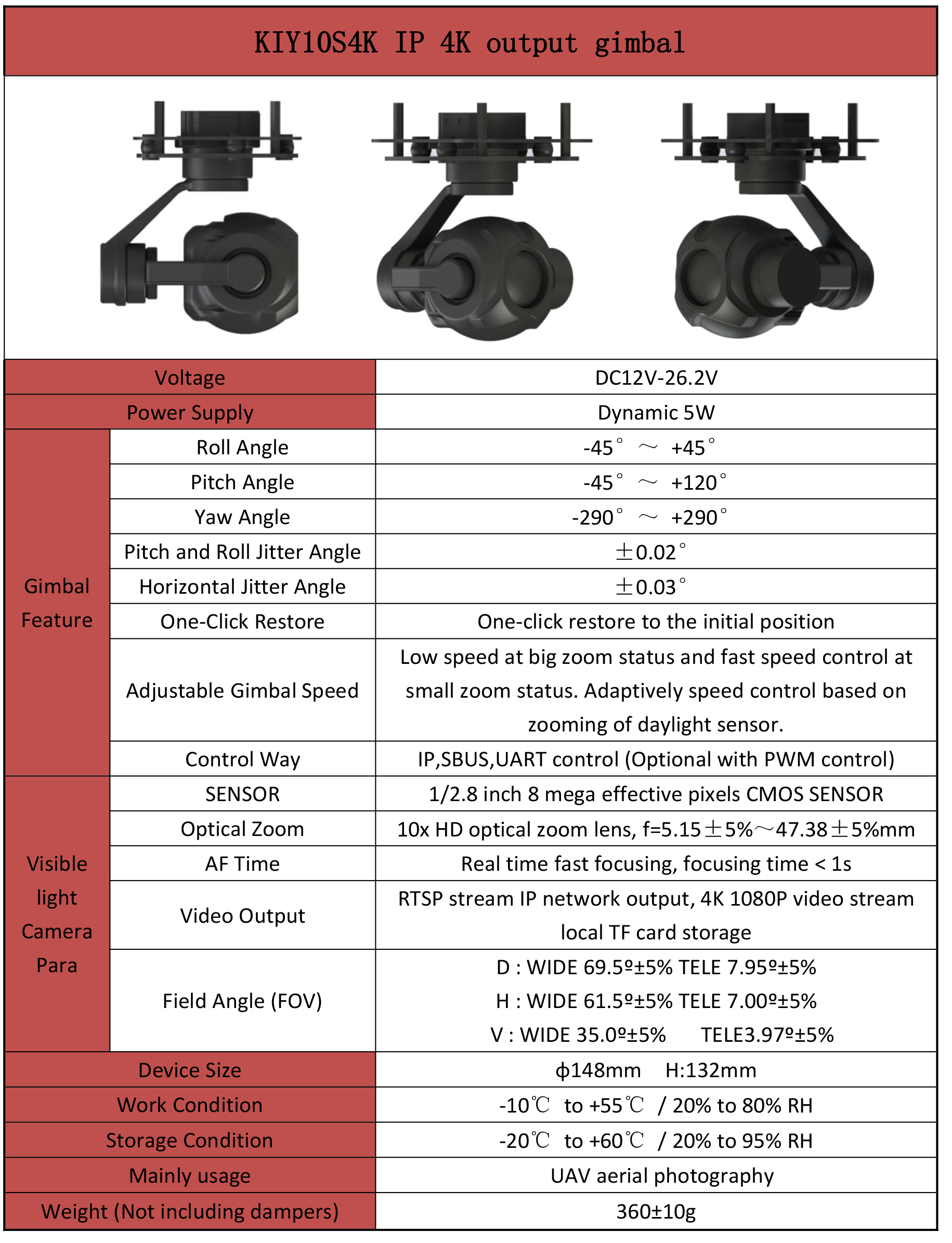 TOPOTEK KIY10S4K Camera Gimbal, Compact gimbal for drones and UAVs with 4K resolution, 10x optical zoom, and 3-axis PTZ control.