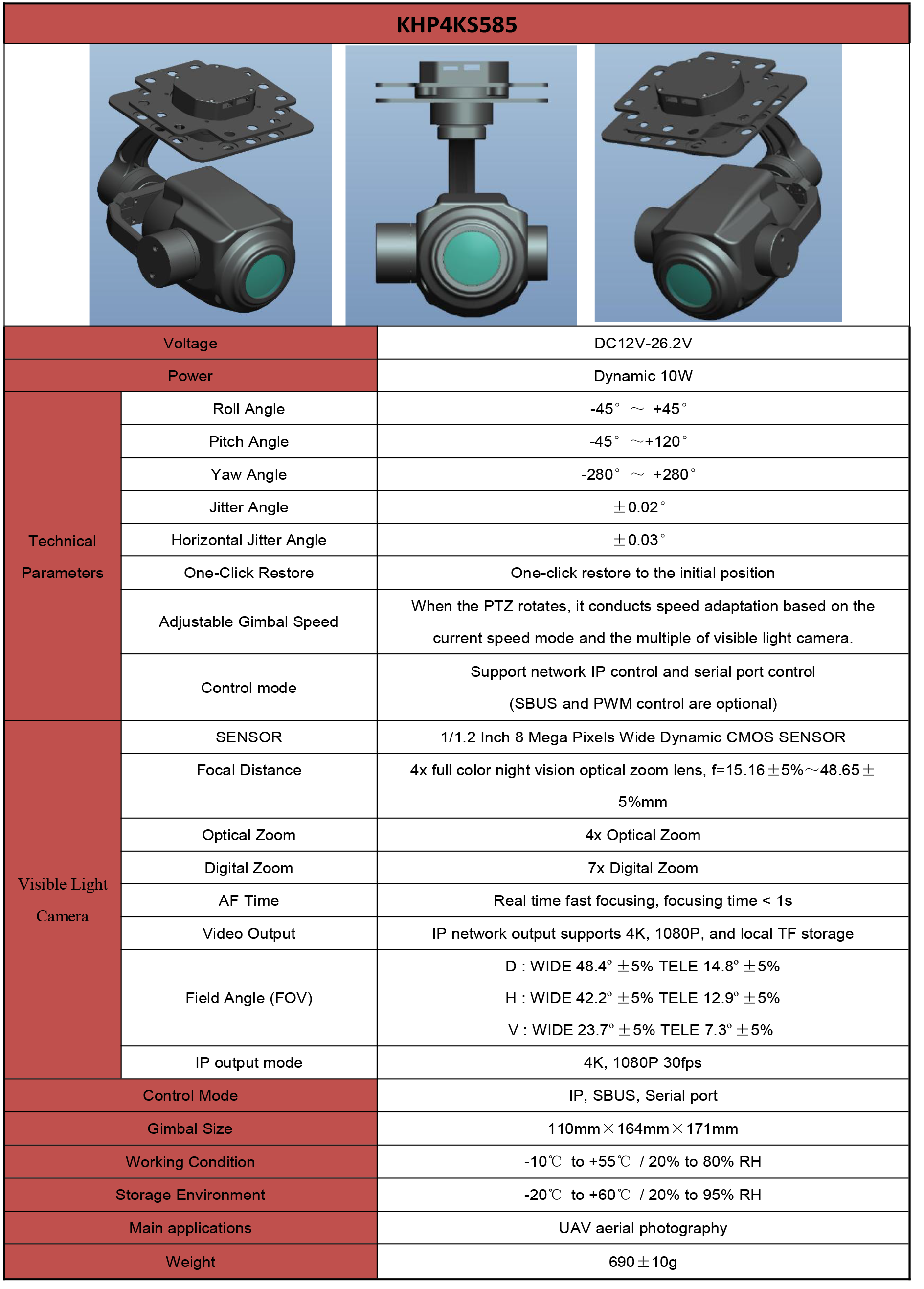 TOPOTEK KHP4KS585 Drone Gimbal Camera - 4K Resolution 4x Optical Zoom 3-Axis Stabilized Gimbal IP/HDMI output 5 TOPOTEK KHP4KS585 Drone Gimbal, Drone camera with 4K resolution, 4x optical zoom, and 3-axis stabilized gimbal for smooth footage.